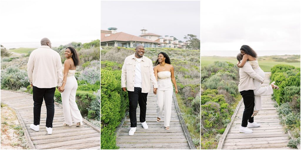 Couple laughing together during their Spanish Bay proposal photos.