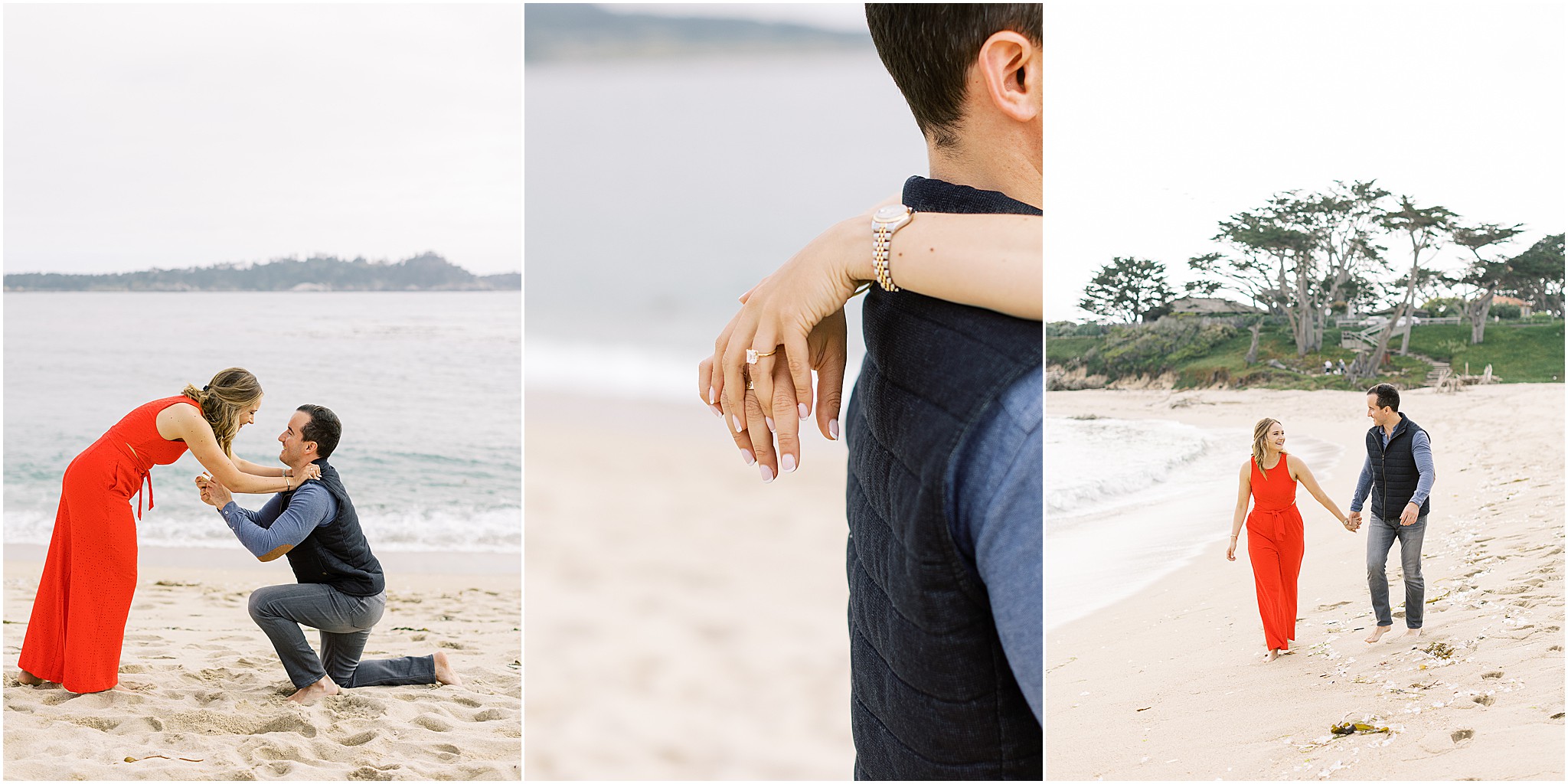 Close up of emerald cut engagement ring from Brilliant Earth on Nasim’s hand and newly engaged couple enjoying proposal shoot.