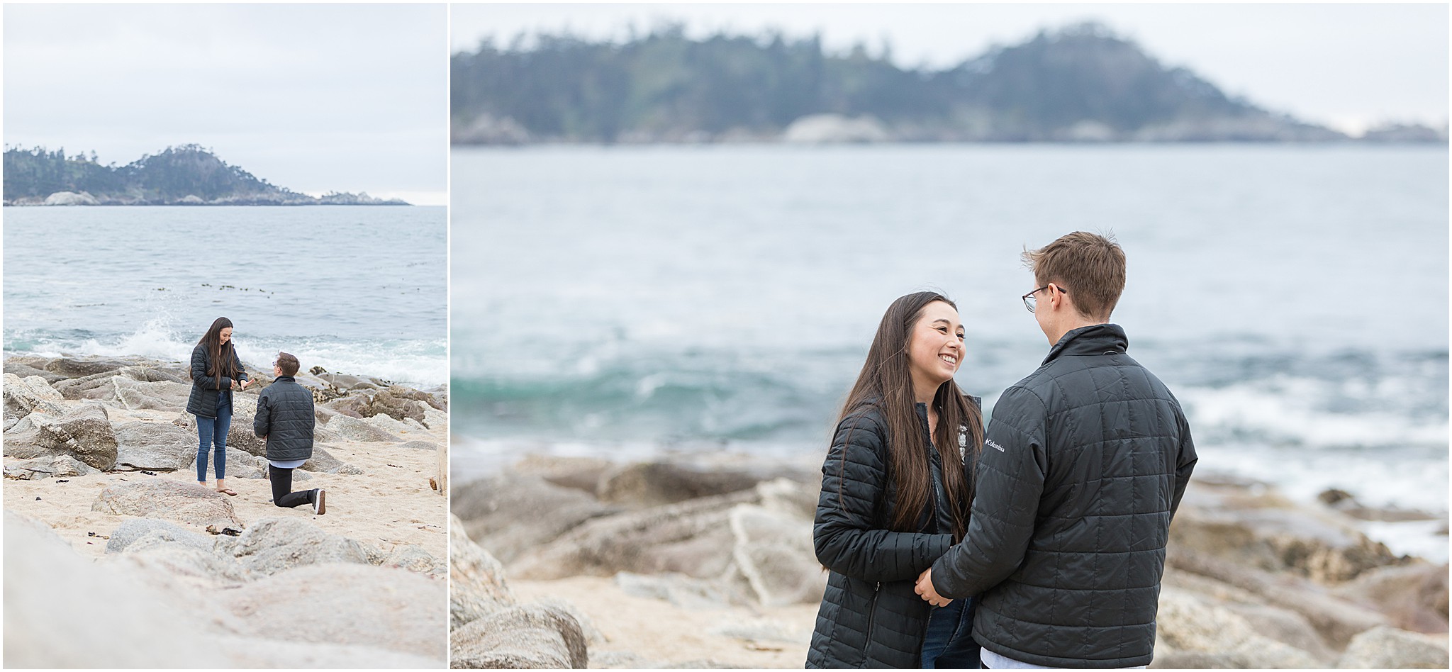Zach and Shannon sharing a quiet moment during their Carmel State Beach proposal.