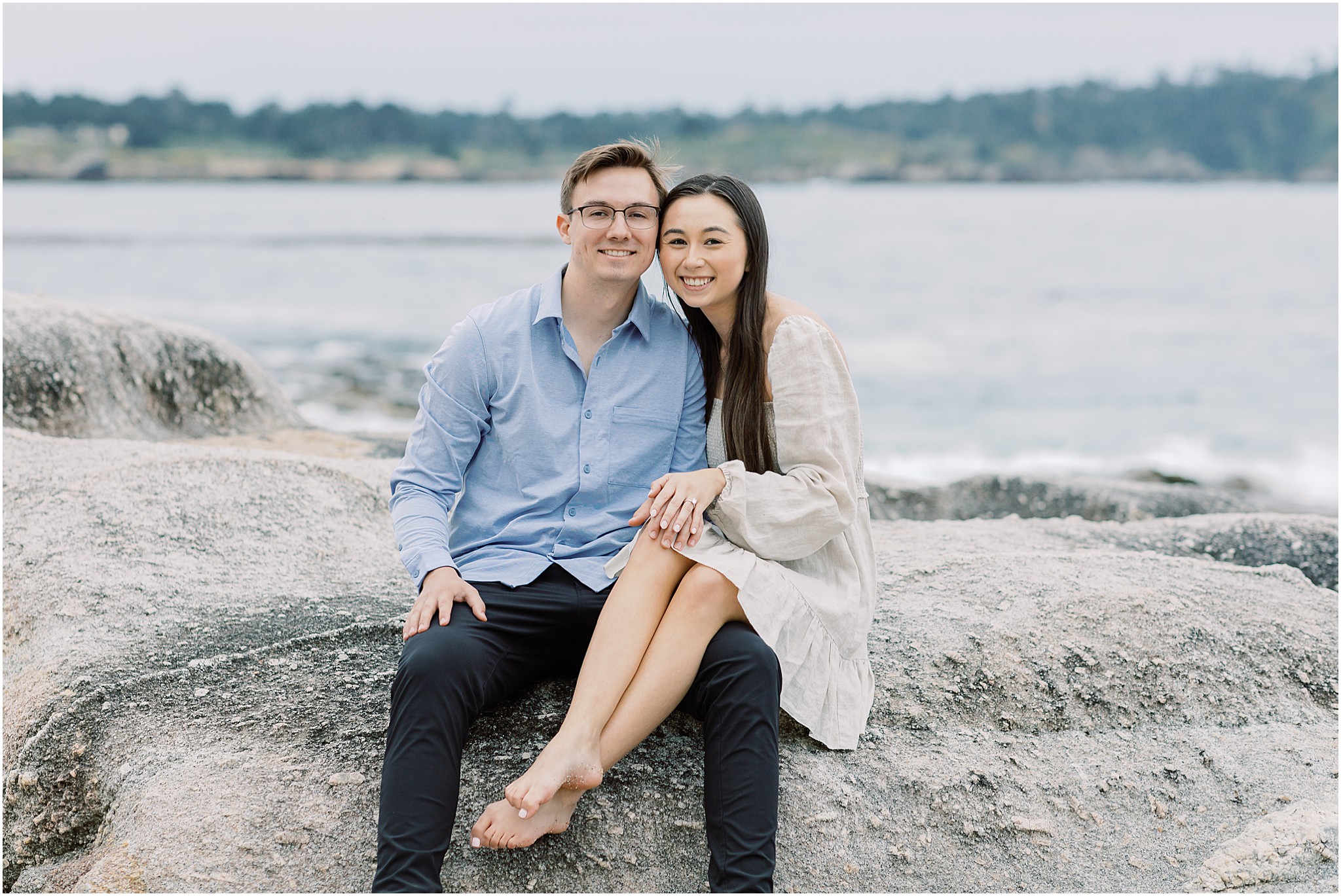 Romantic portrait of Zach and Shannon with soft golden light on the coast.