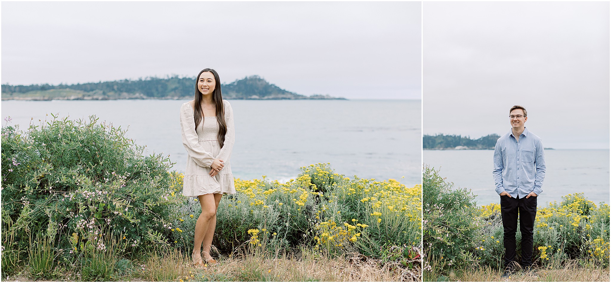 Soft and romantic engagement portrait with wildflowers and cliffs in the background.