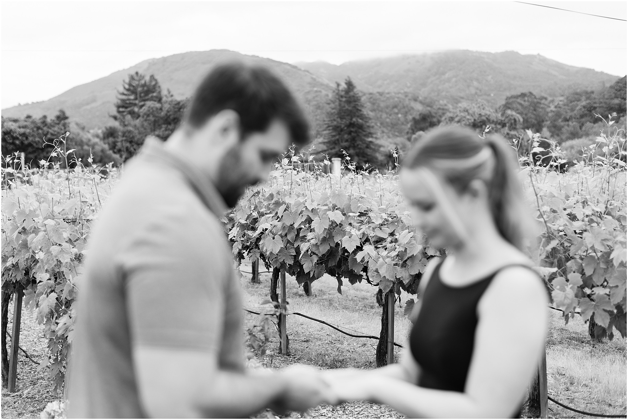 Couple sharing a quiet moment during their destination Carmel winery proposal.