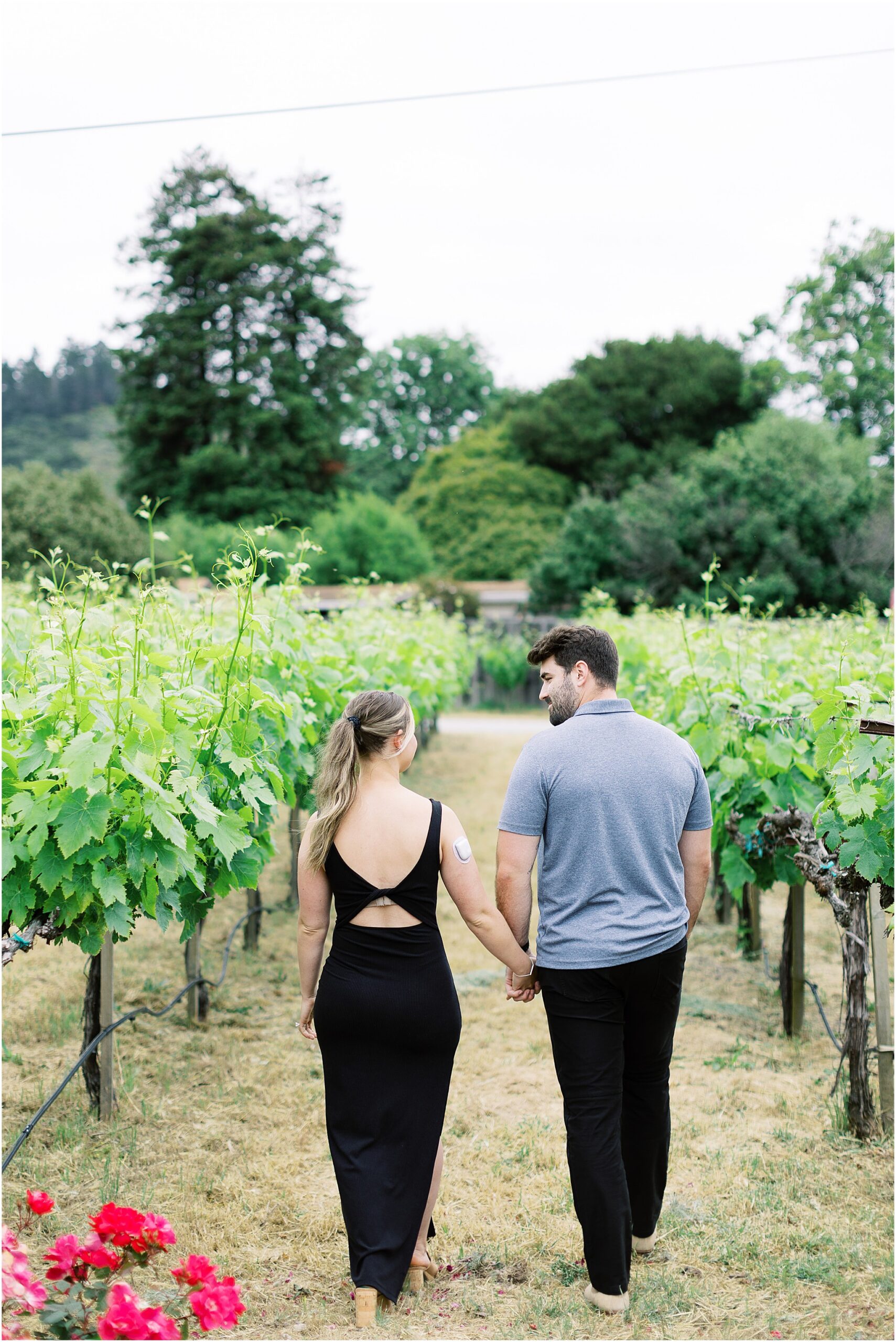 Engaged couple walking hand in hand through the vineyard during Carmel winery proposal photos.