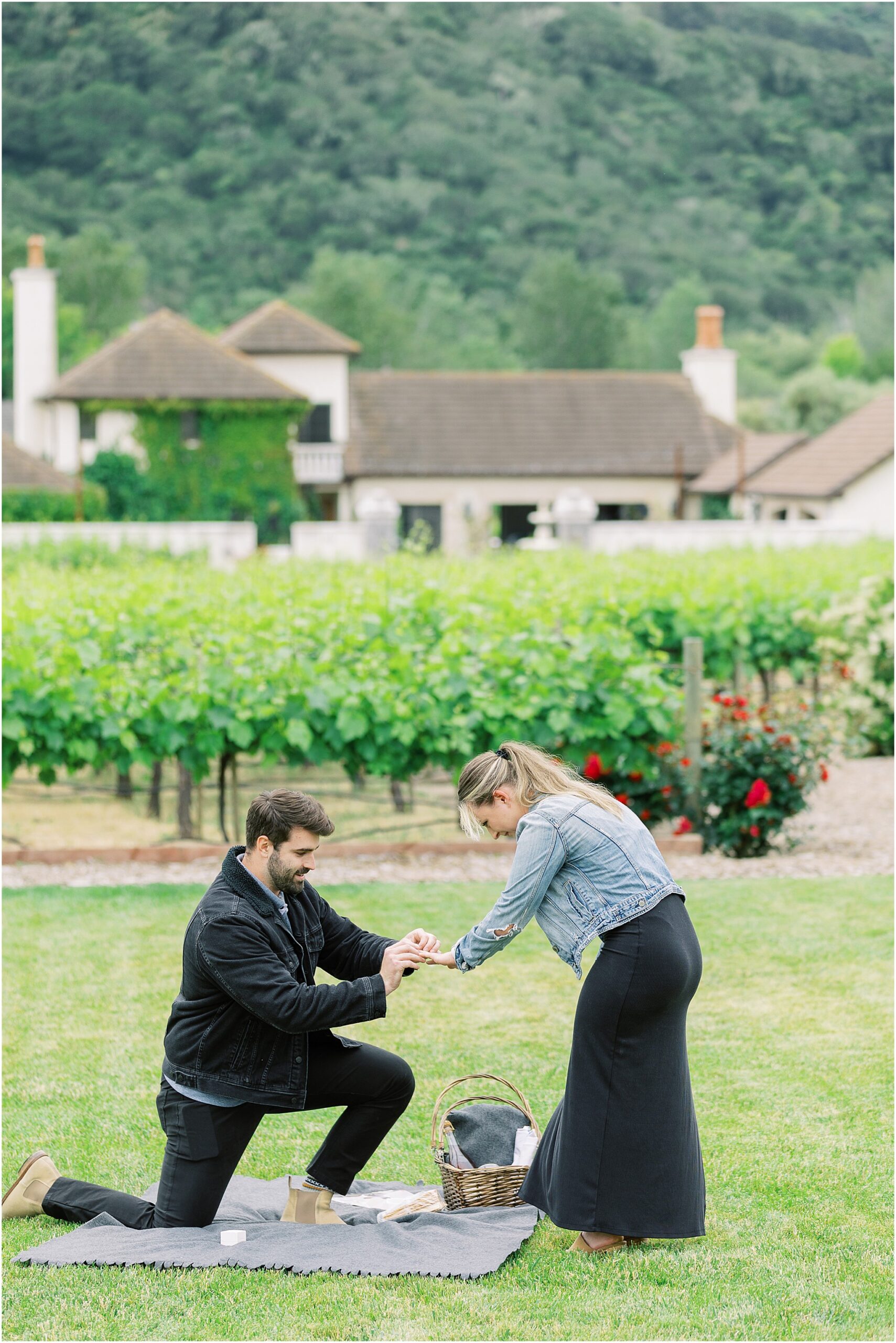 Late-morning light in the vines during a romantic Folktale Winery surprise proposal.