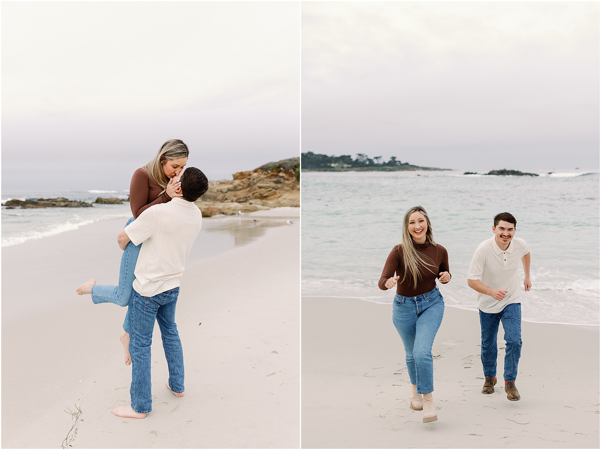 Jacob and Hayley together on the beach captured by a Carmel surprise proposal photographer.