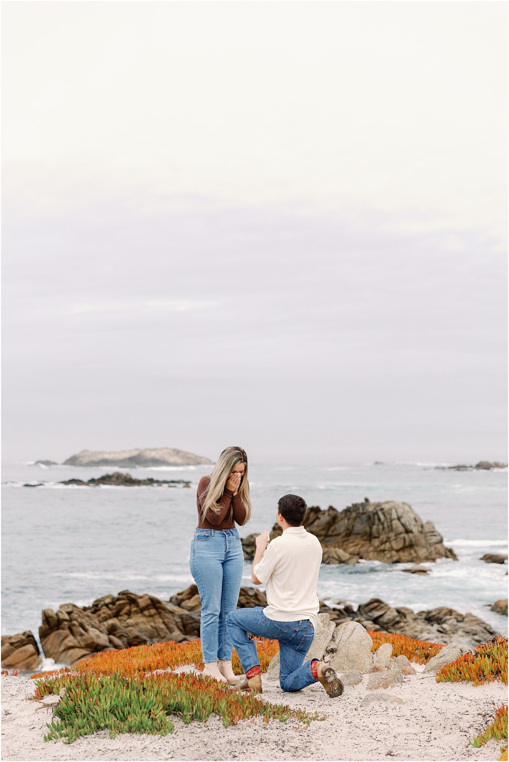 Romantic coastal suprise proposal at Pebble Beach captured by a Carmel surprise proposal photographer.