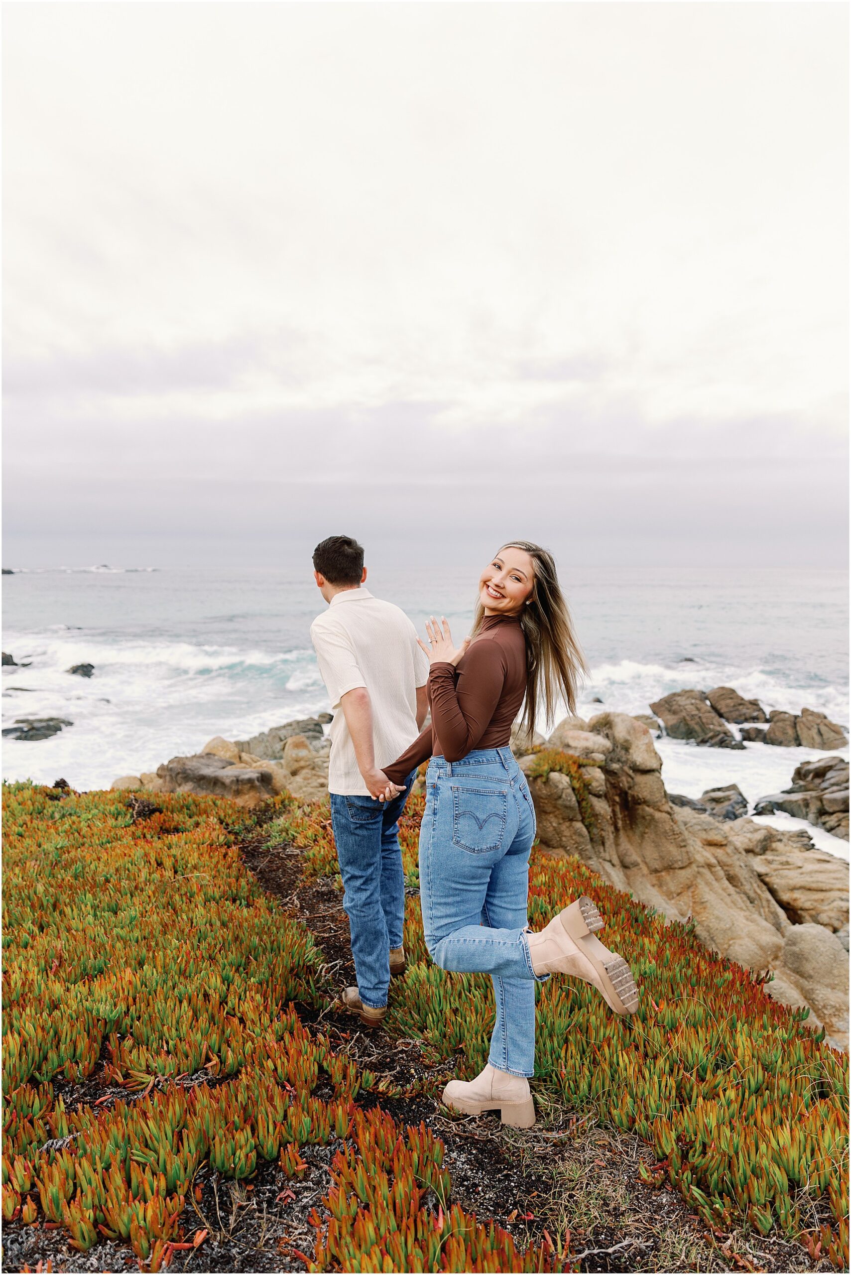 Hayley laughing after saying yes during her Carmel surprise proposal.