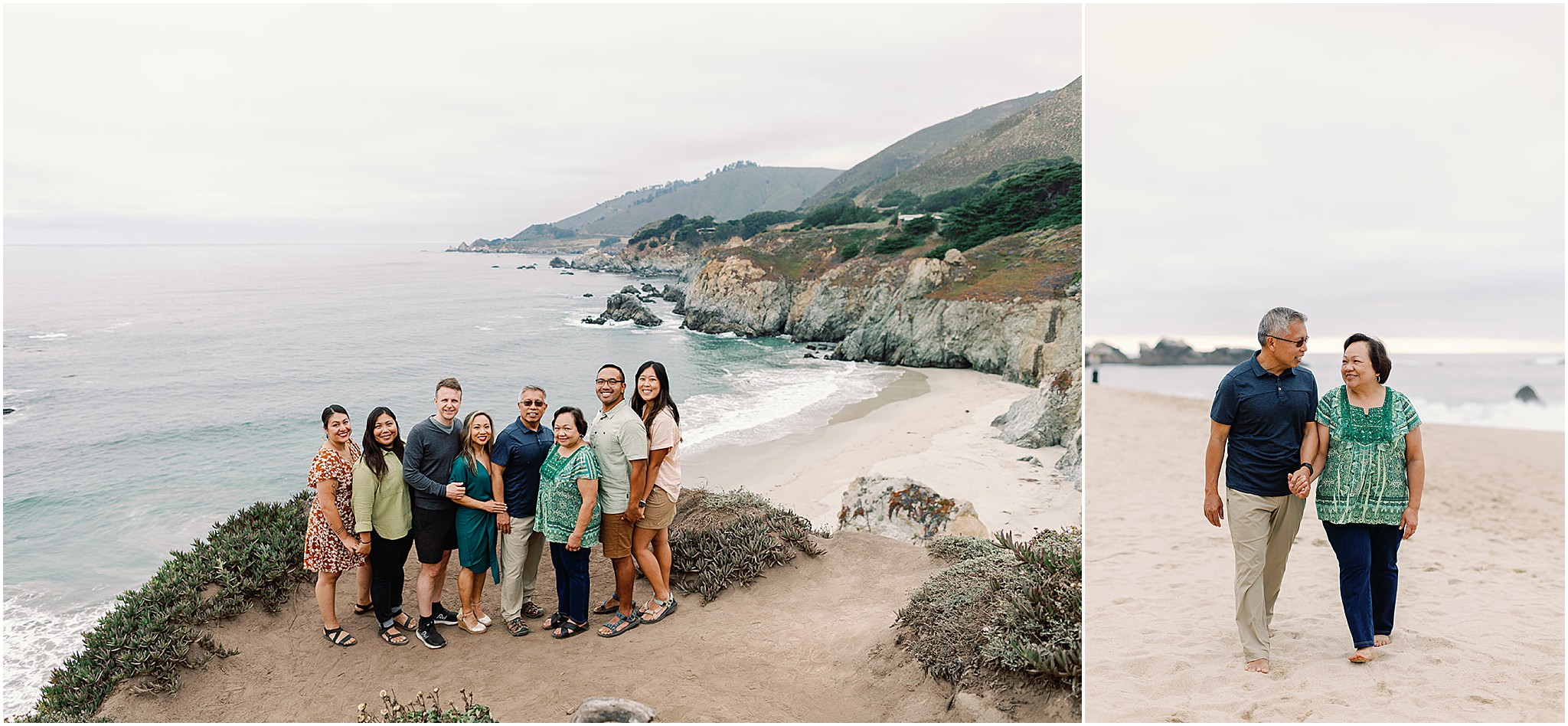 Couple walking hand in hand on the Big Sur shoreline during their family photo session paired with a loving family photo.