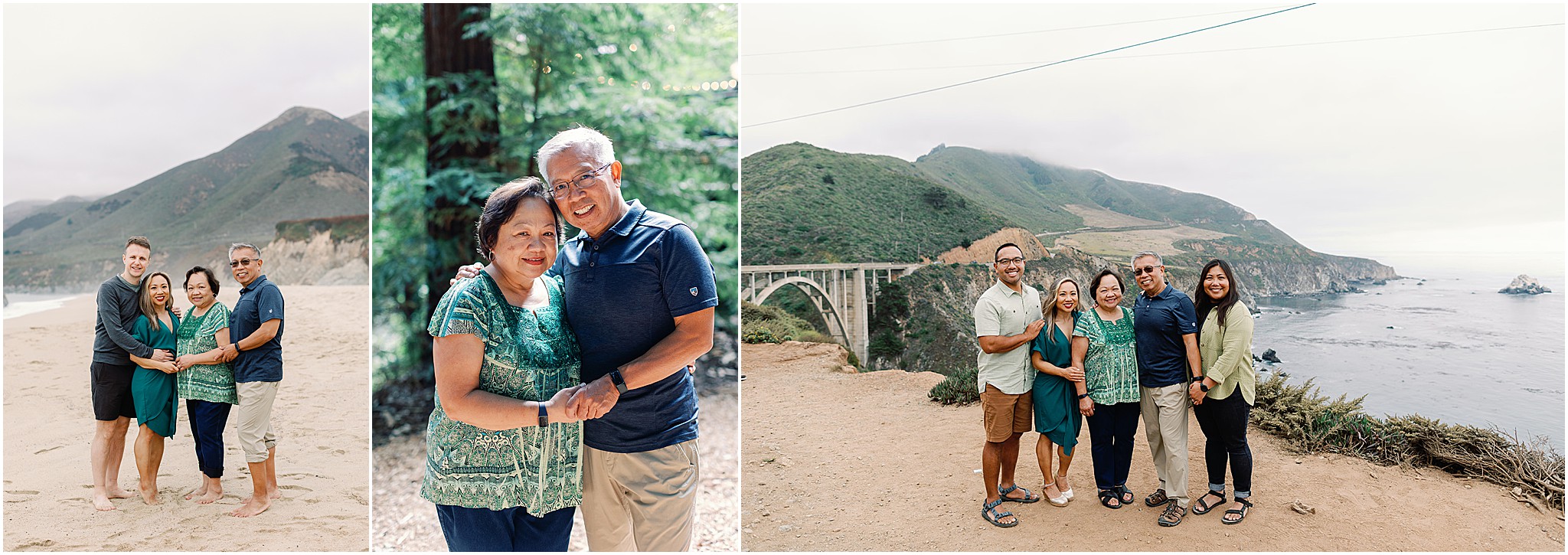 A quiet moment between family members framed by Big Sur’s dramatic cliffside views and beautiful redwoods.