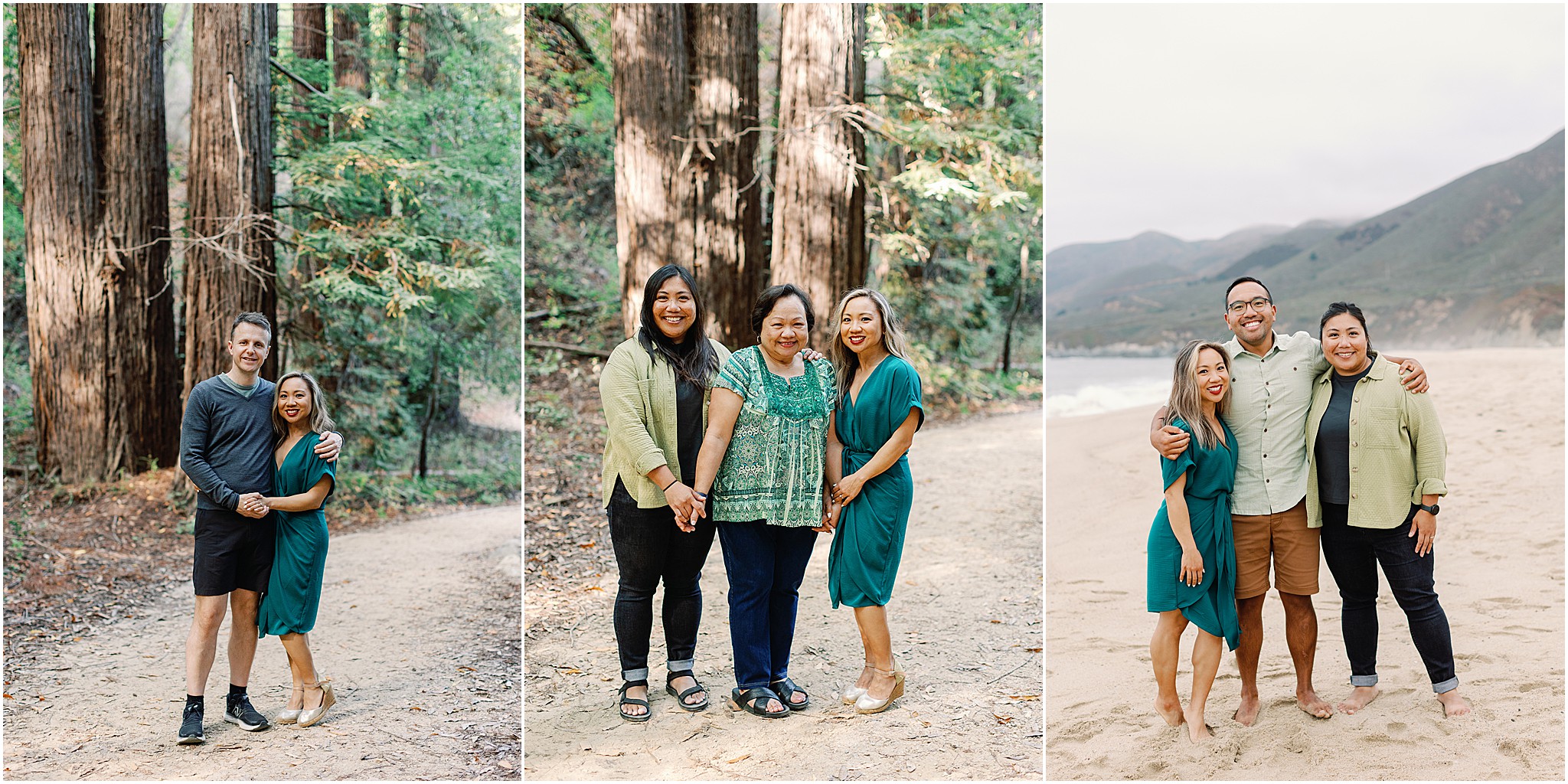 Family members walking along a Big Sur trail surrounded by redwoods and beach surrounded by waves.
