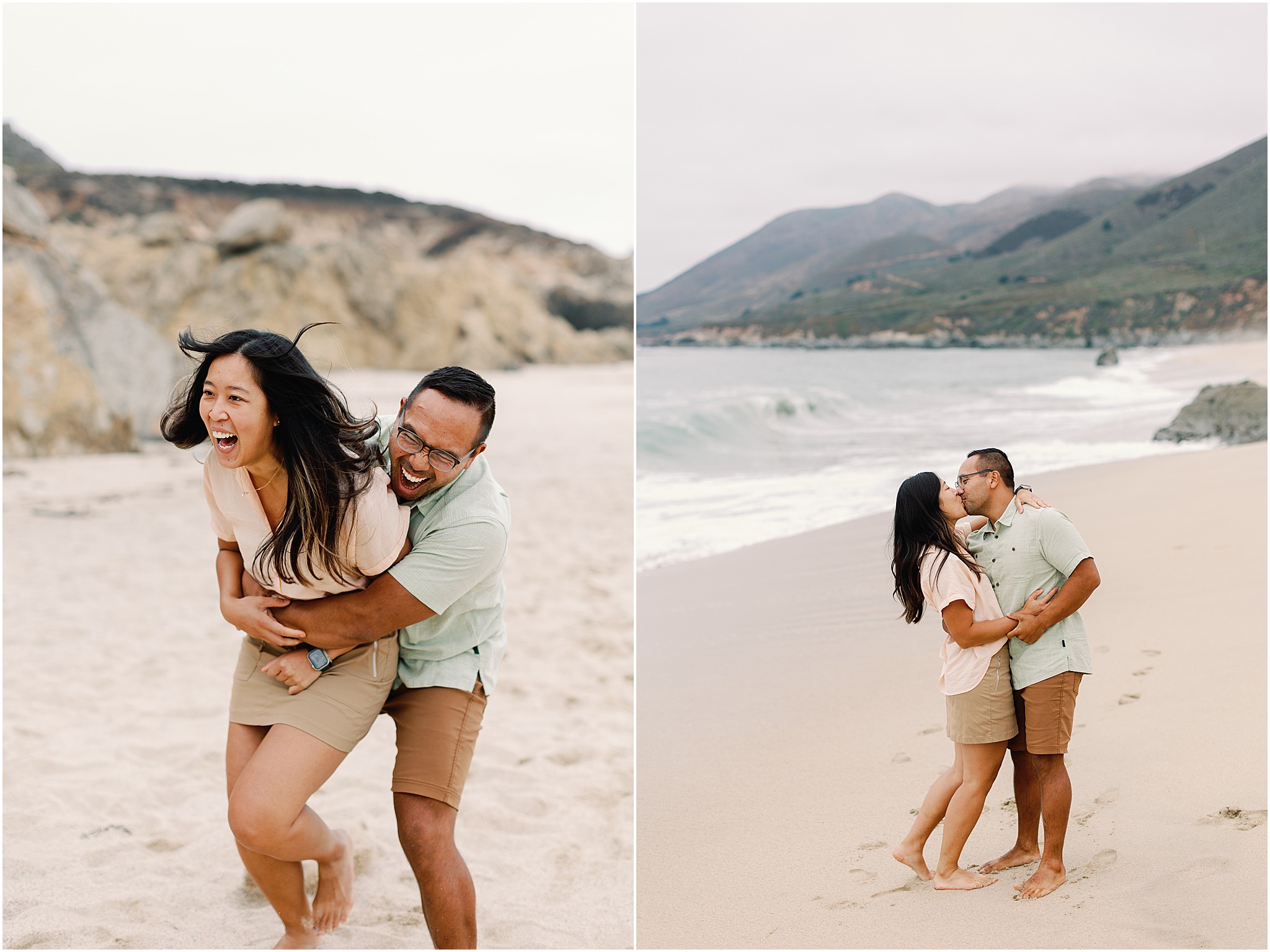 Playful moment captured as a couple walks along the coast during a Big Sur family photography session.