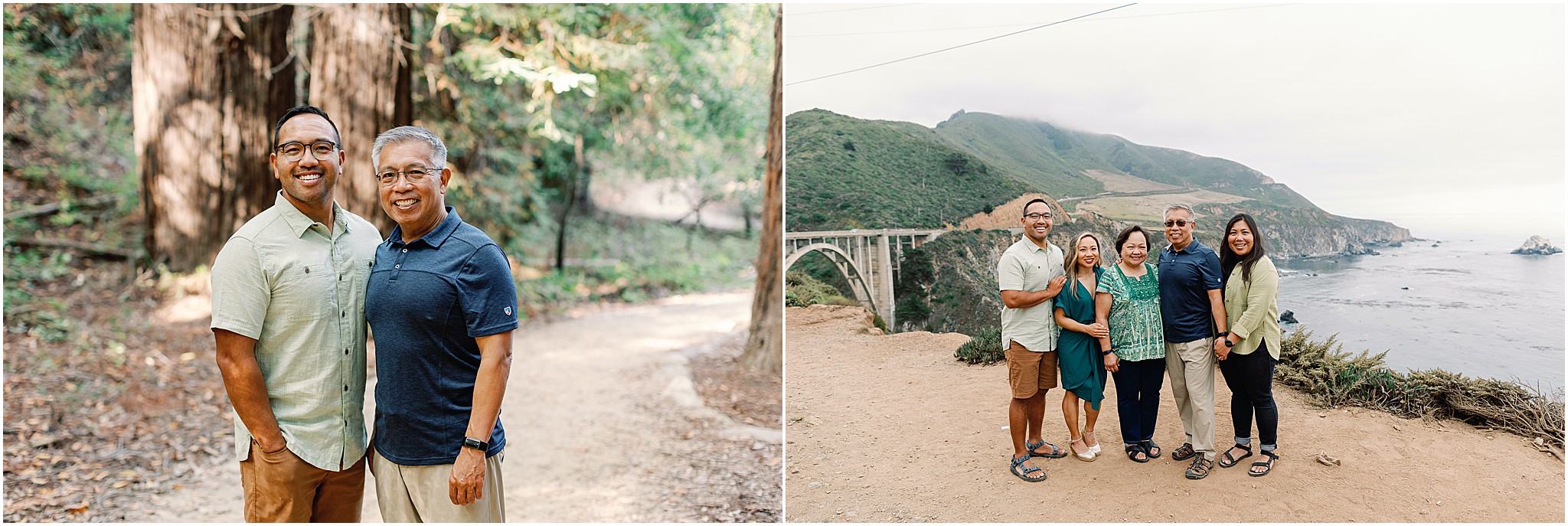 Family gathered closely on the Big Sur cliffs during golden hour, as well as, in the redwoods.