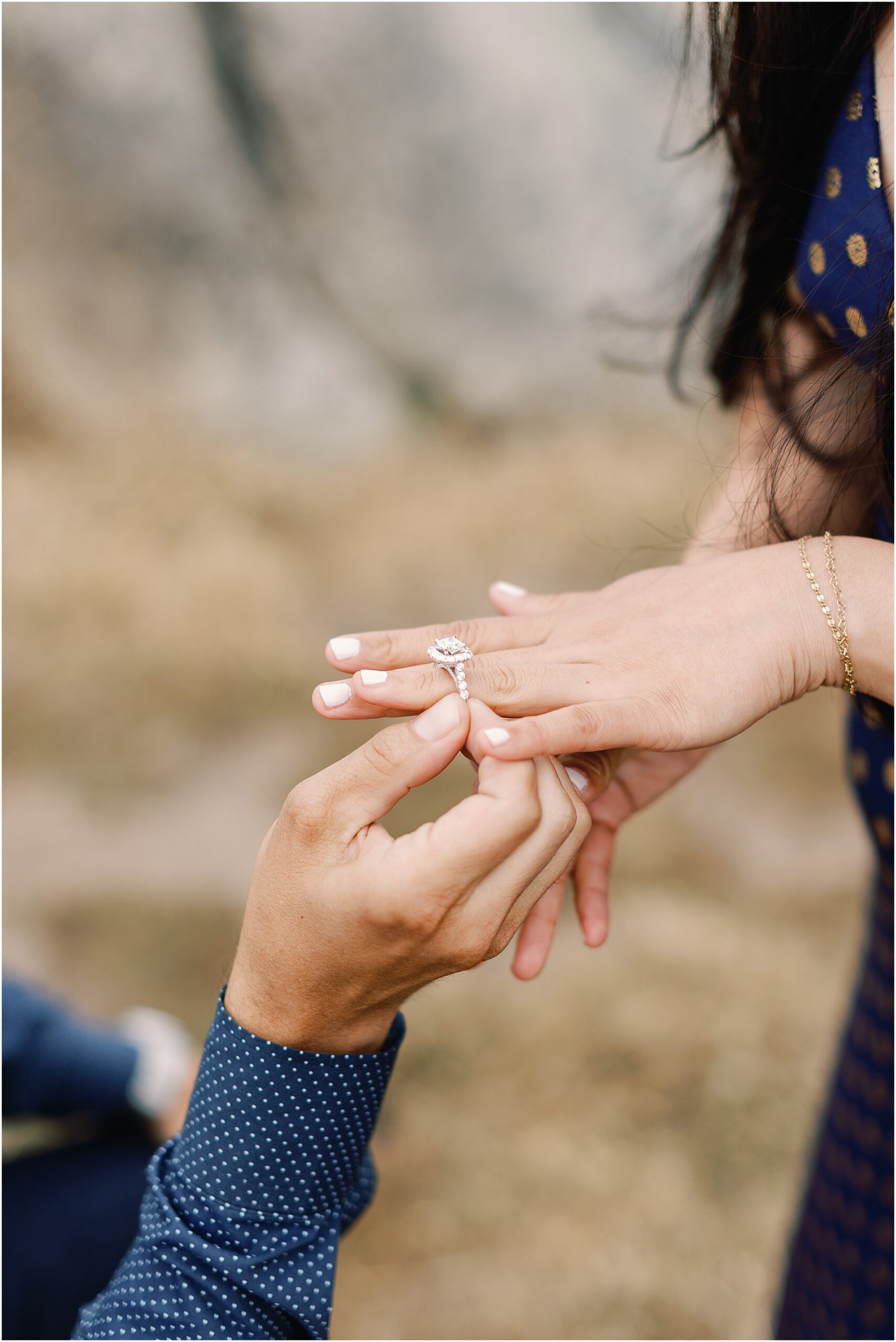 Close up of the engagement ring from Shane Co during the proposal celebration.