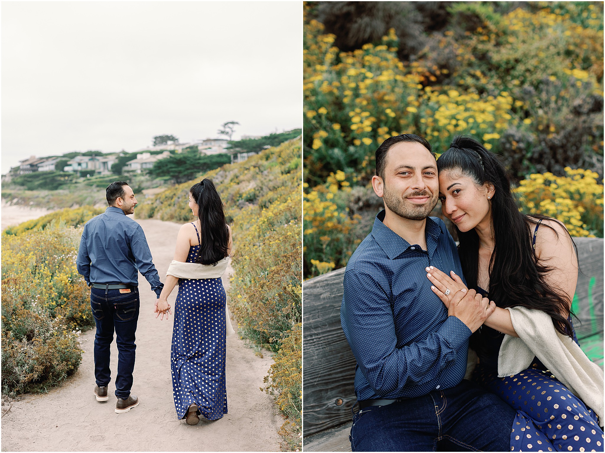 Michael and Amanda walking along the cliffs at Carmel Meadows Beach, as well as, sitting on bench.