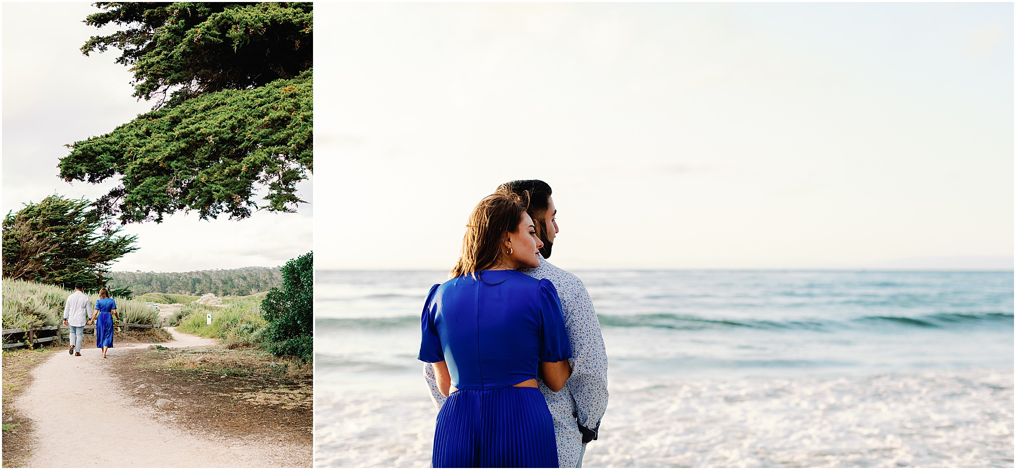 Engaged couple standing together and walking on the coastline