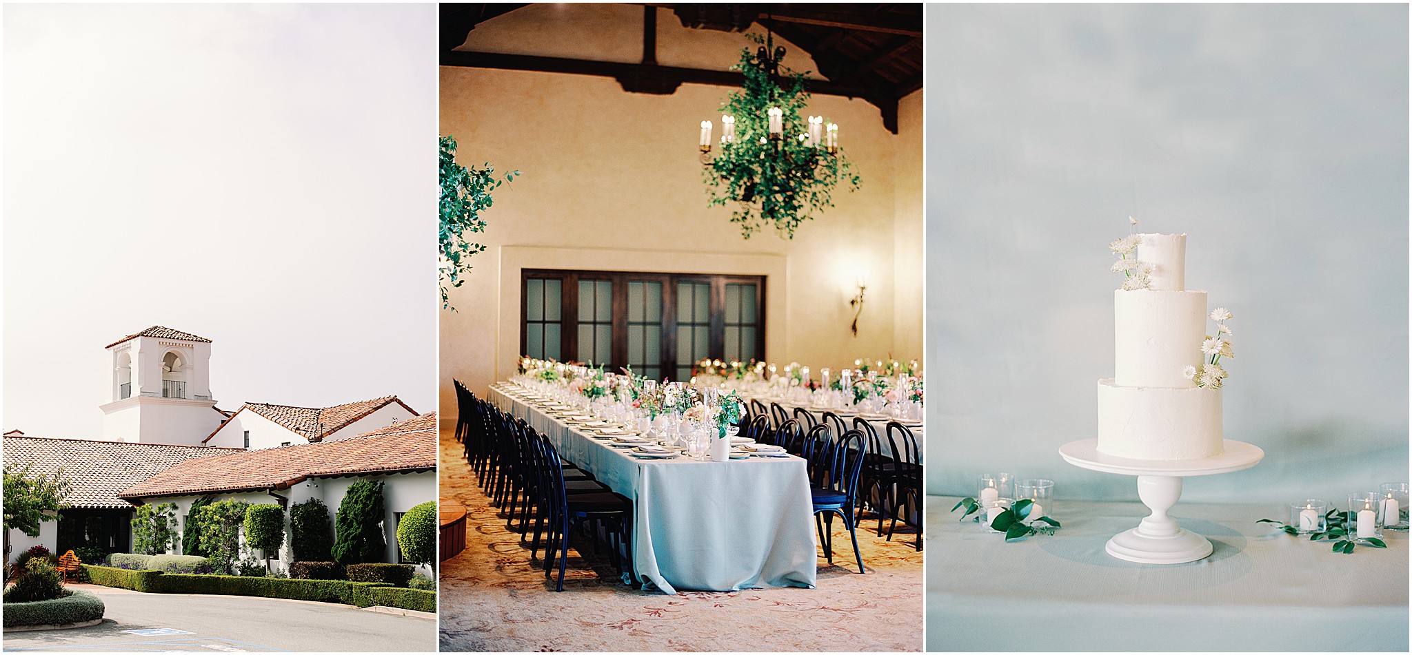 Candlelit reception décor at Monterey Peninsula Country Club including venue details and cake.