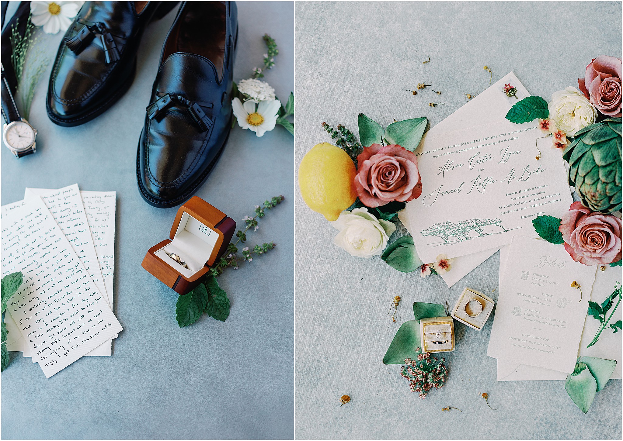 Groom’s boutonniere and wedding accessories displayed before wedding.
