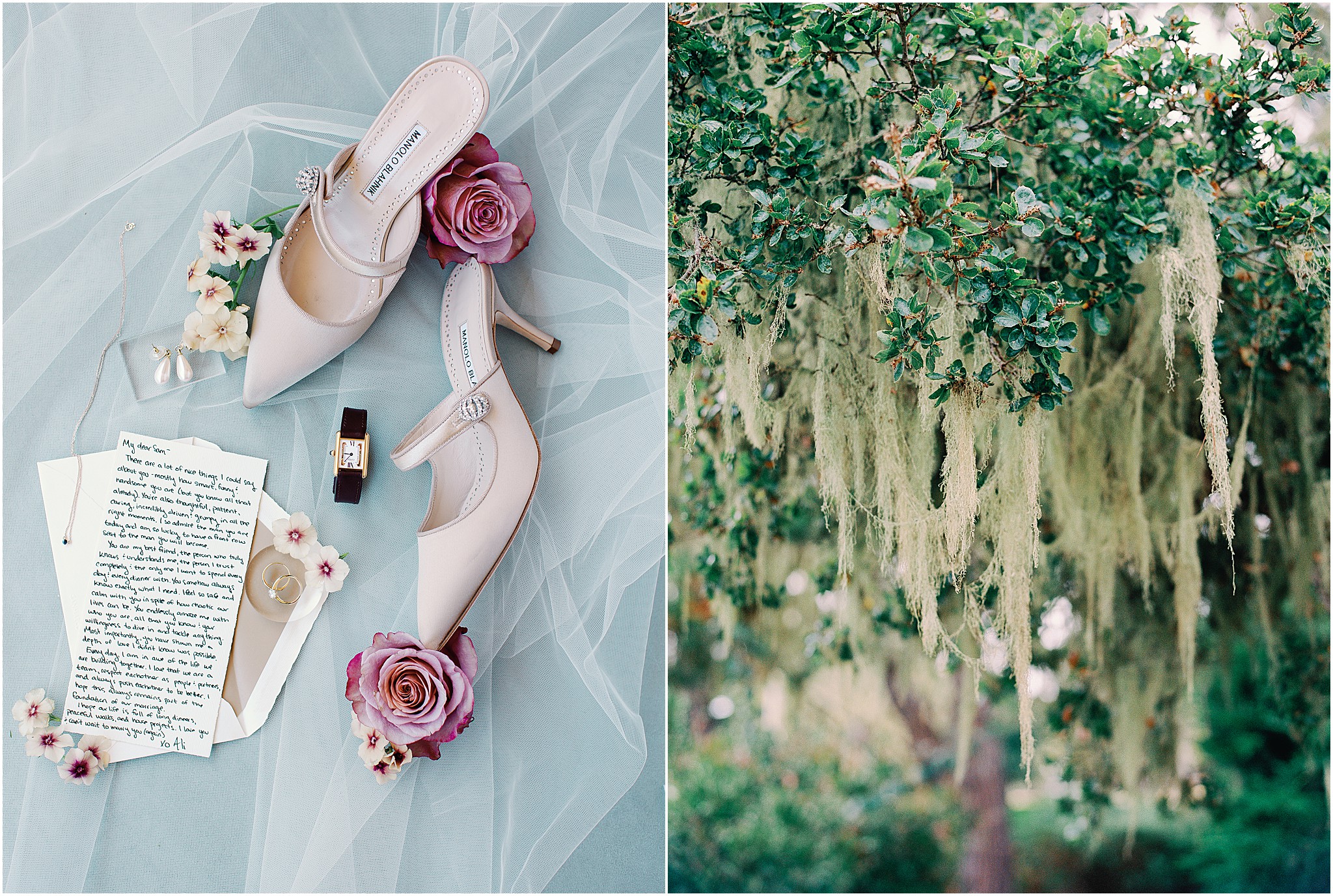 Bride’s wedding shoes and jewelry styled with florals.
