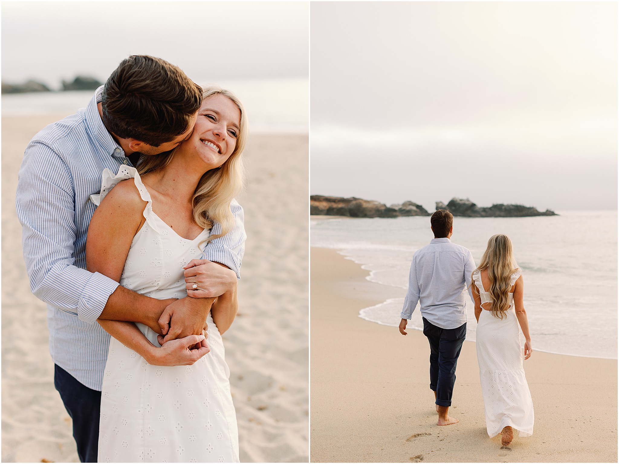 Couple walking barefoot along the beach during engagement photos