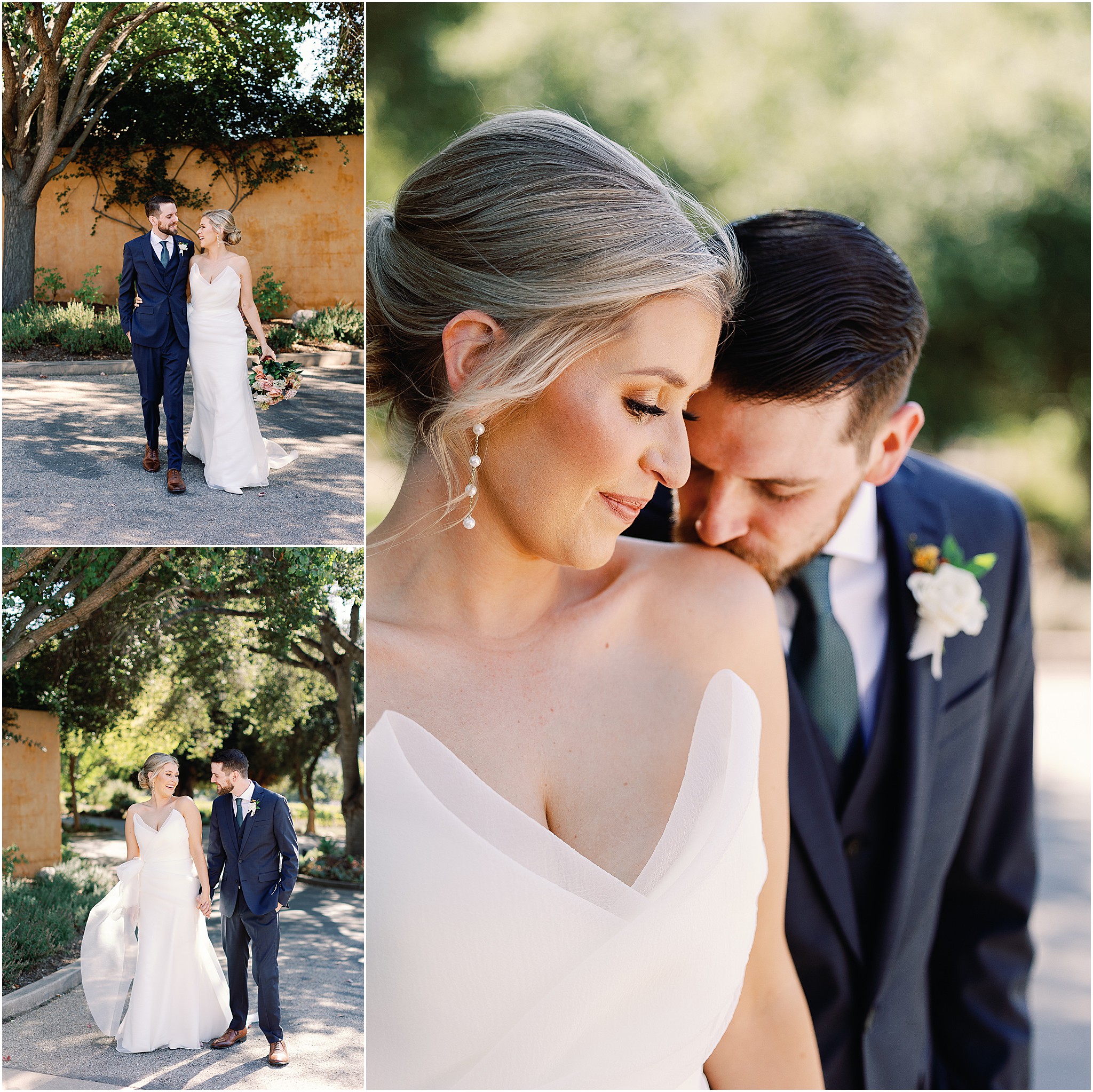 Groom’s emotional reaction during private first look and couple walking together during the photo session.