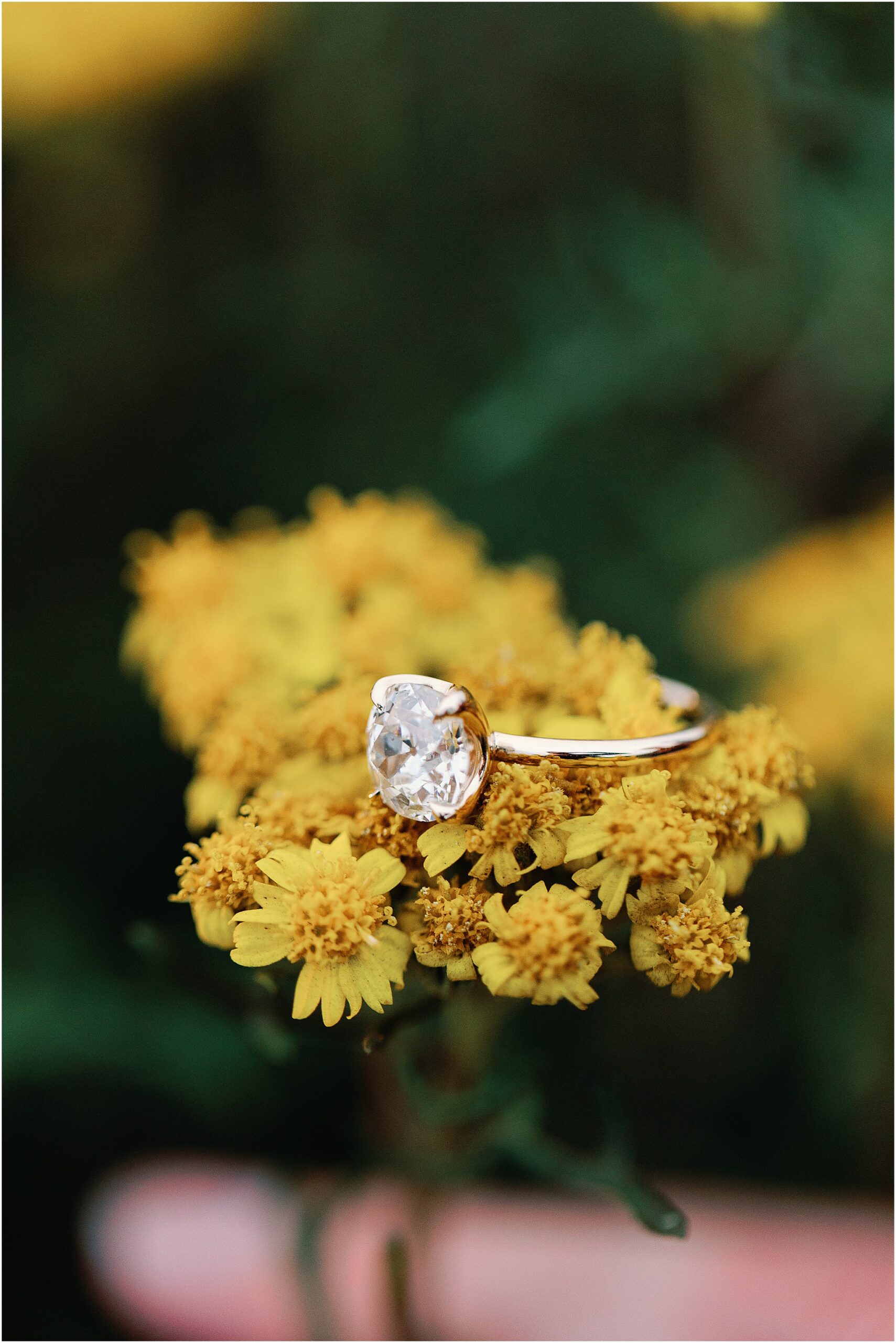Close up of antique solitaire engagement ring resting on yellow wildflowers.