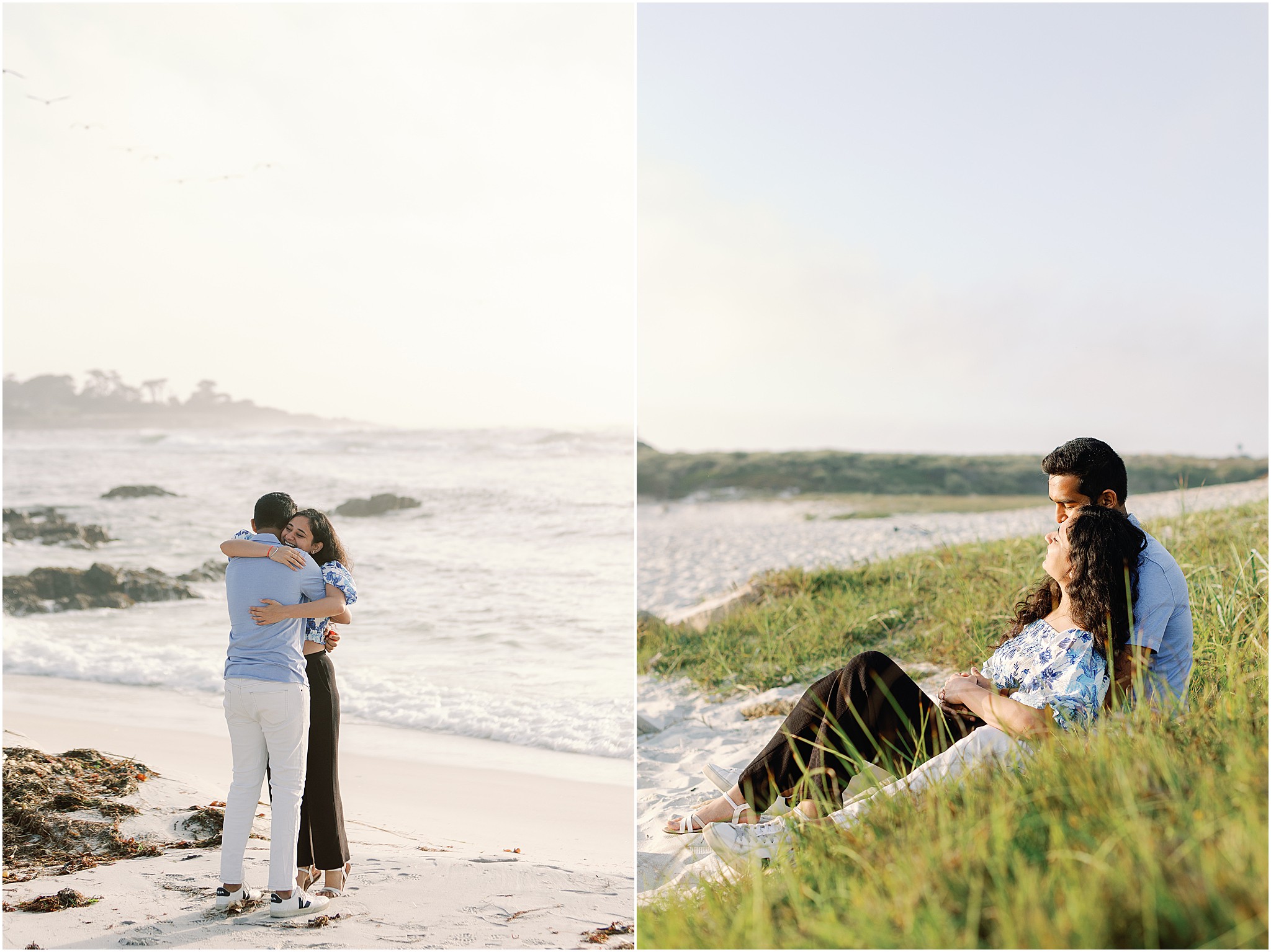 Couple embracing on Carmel Beach with cliffs and waves behind them