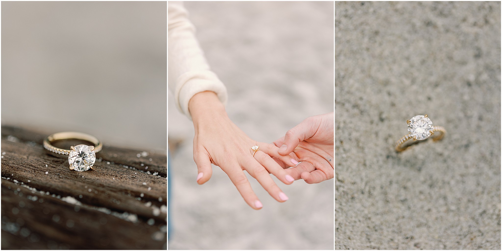 Close up of engagement ring during Carmel coastal proposal