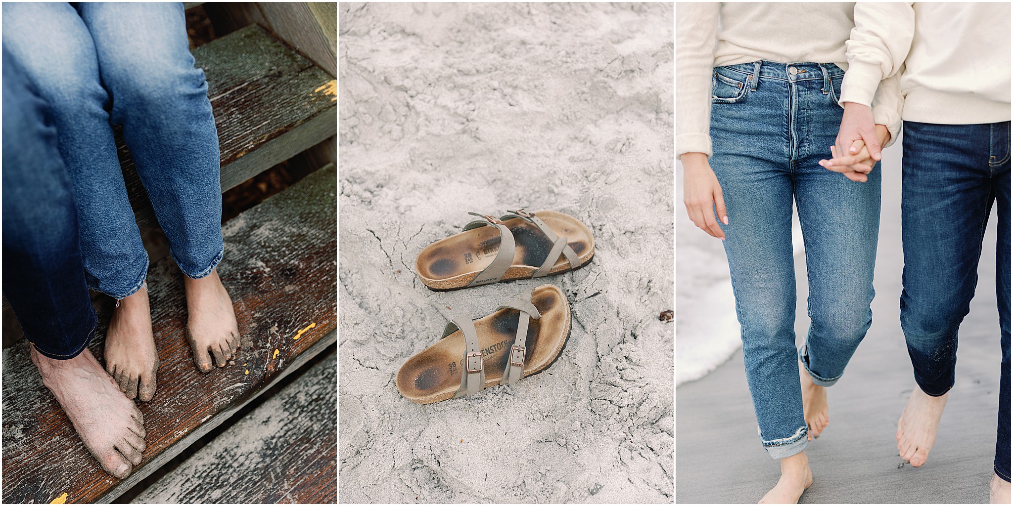 Barefoot footprints in the sand after beach proposal in Carmel