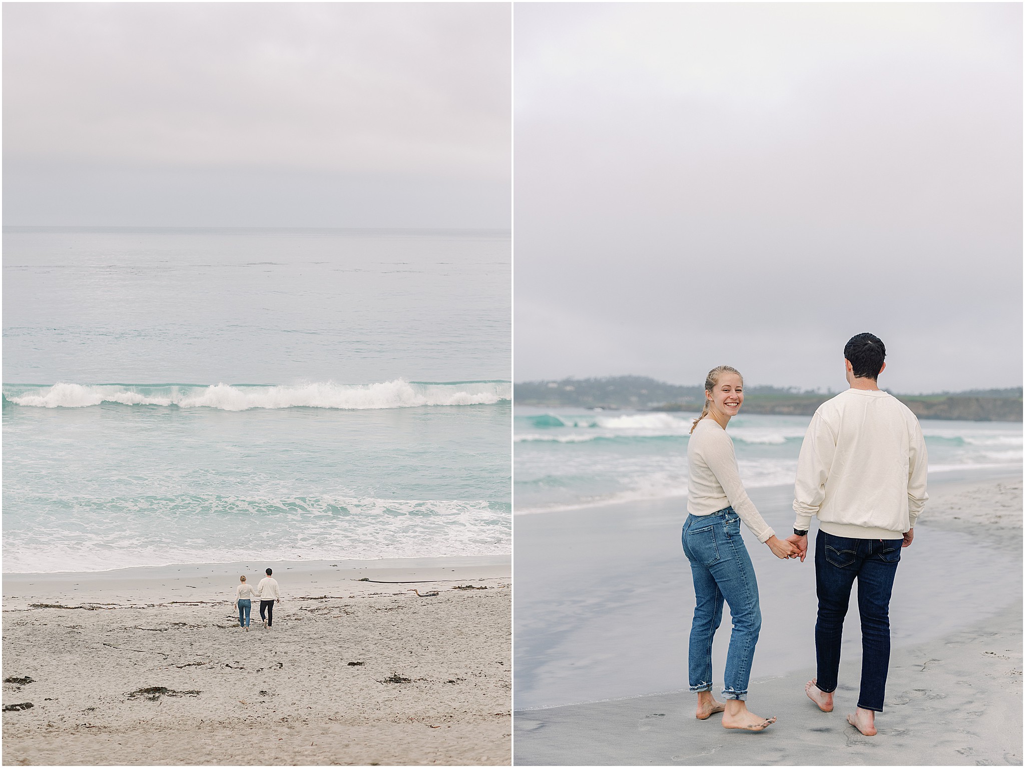 Couple walking barefoot along Carmel shoreline after proposal