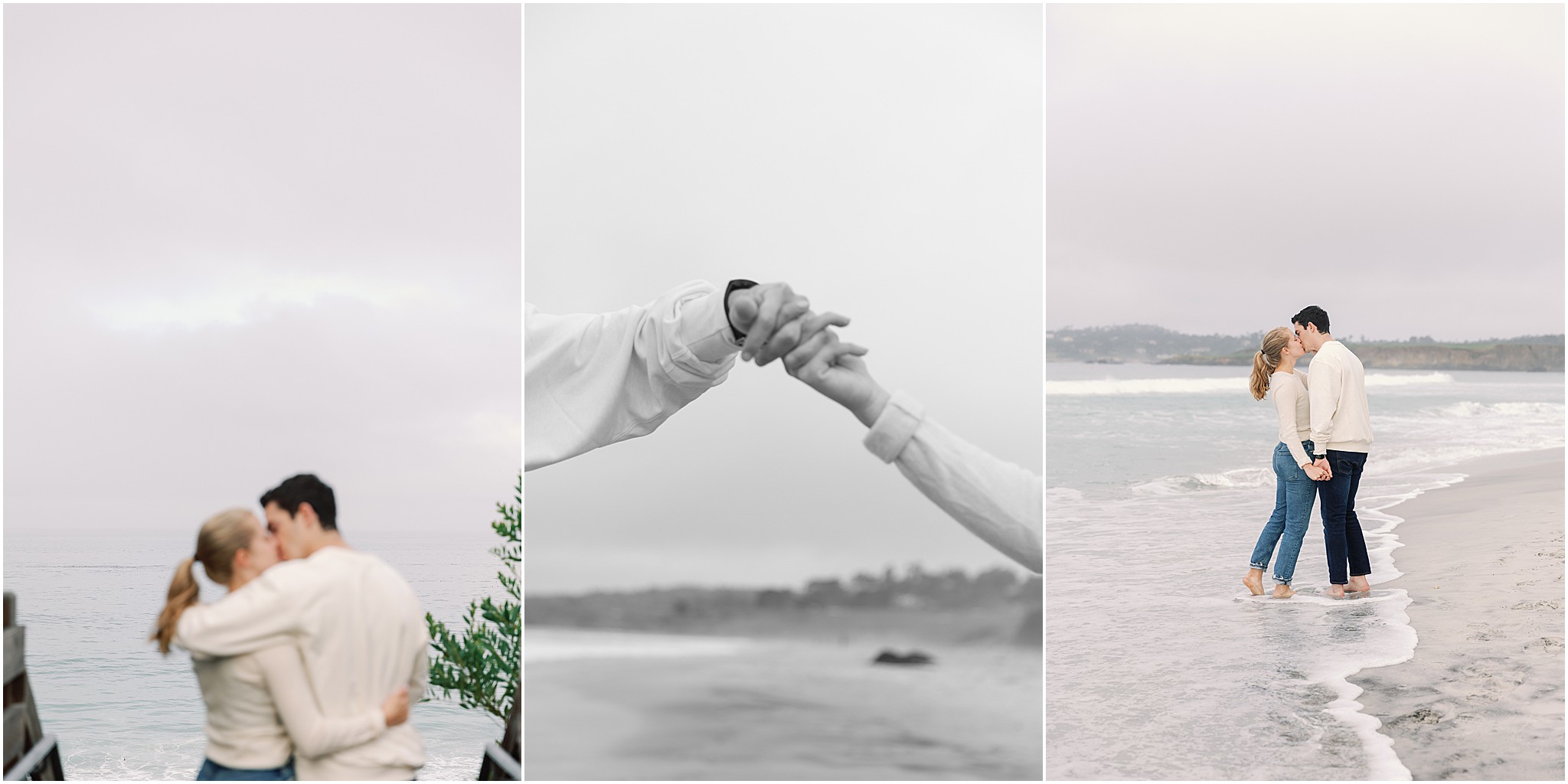 Couple walking barefoot and kissing along Carmel shoreline after proposal