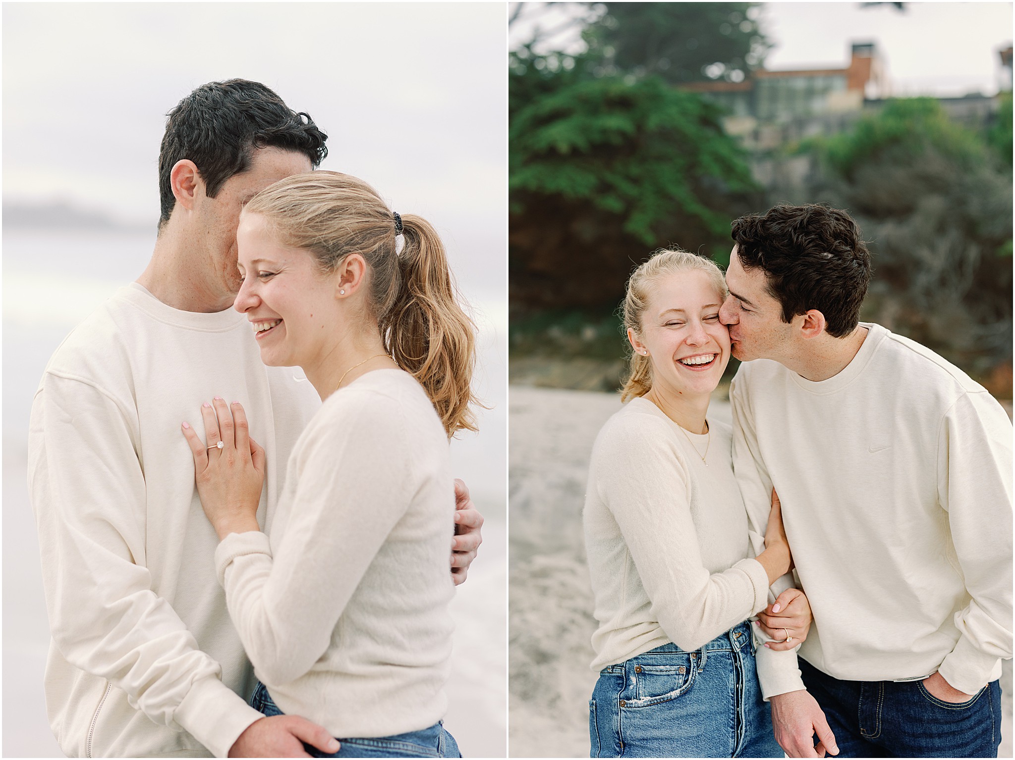 Couple laughing together on Carmel beach after surprise proposal