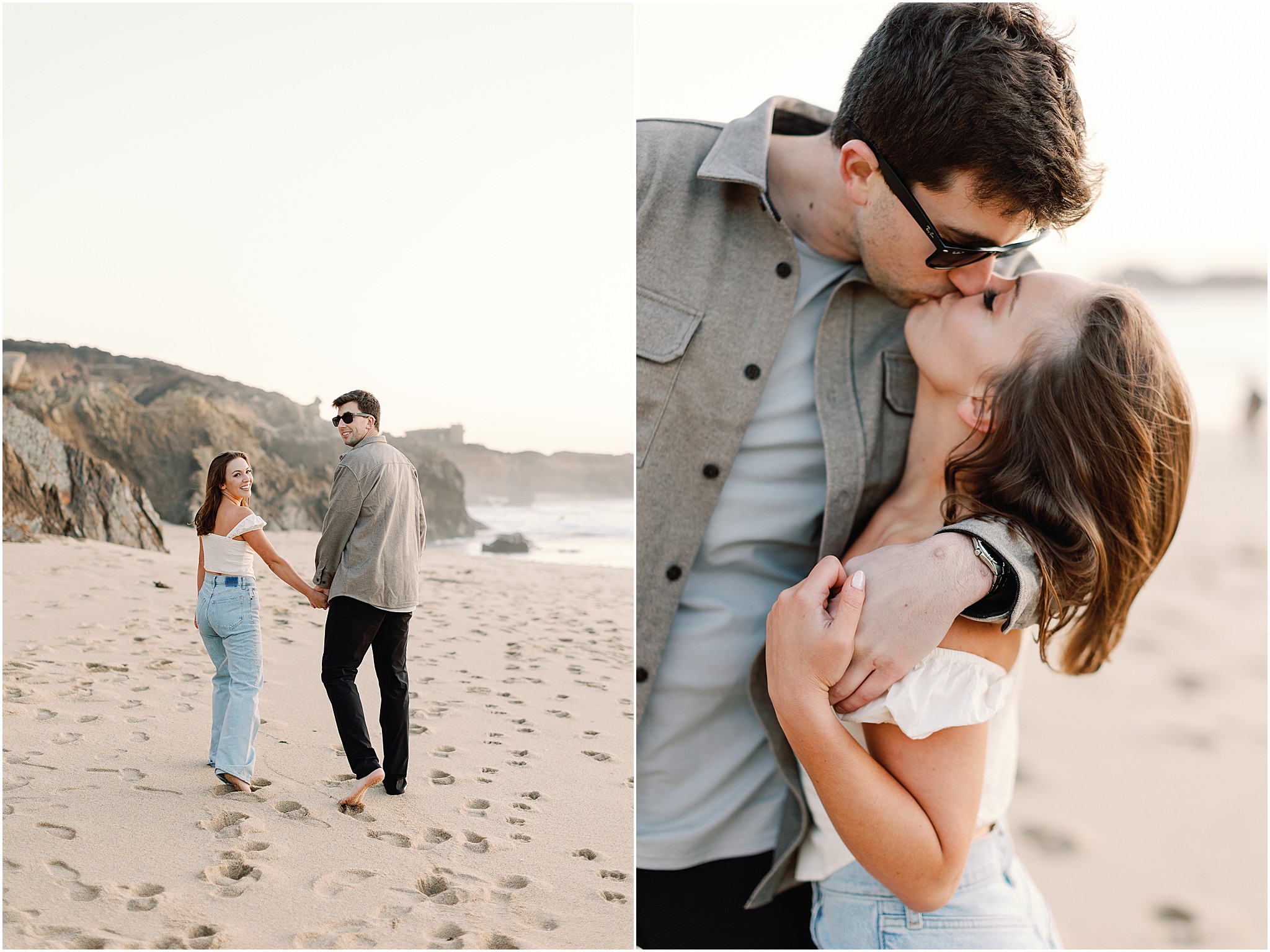 Jenny and Joey walking on the beach and sharing a kiss during their coastal engagement session