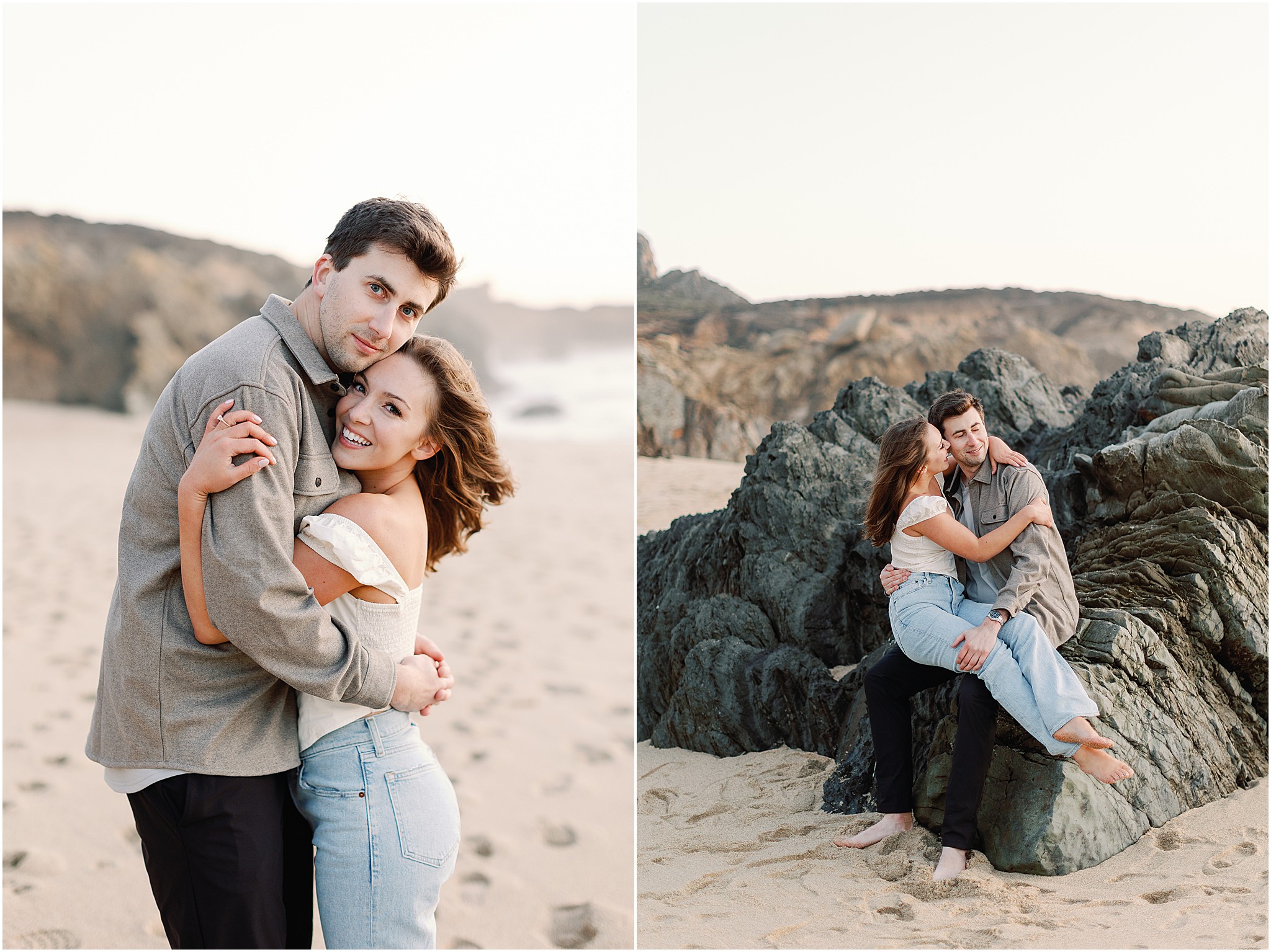 Couple standing and sitting together at the beach during their engagement photos