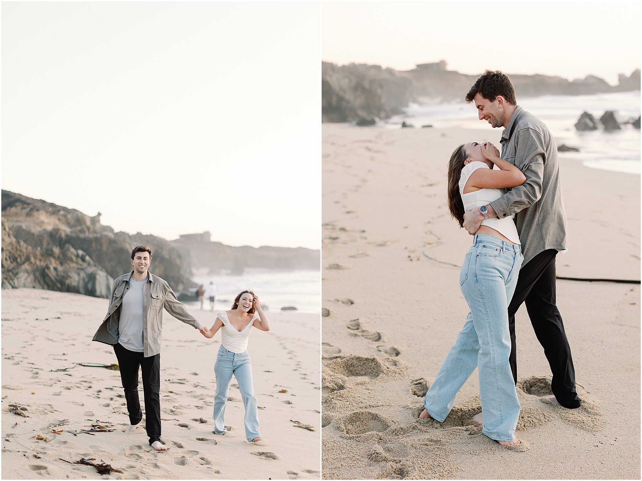 Carefree coastal engagement session with Jenny and Joey walking on the beach.