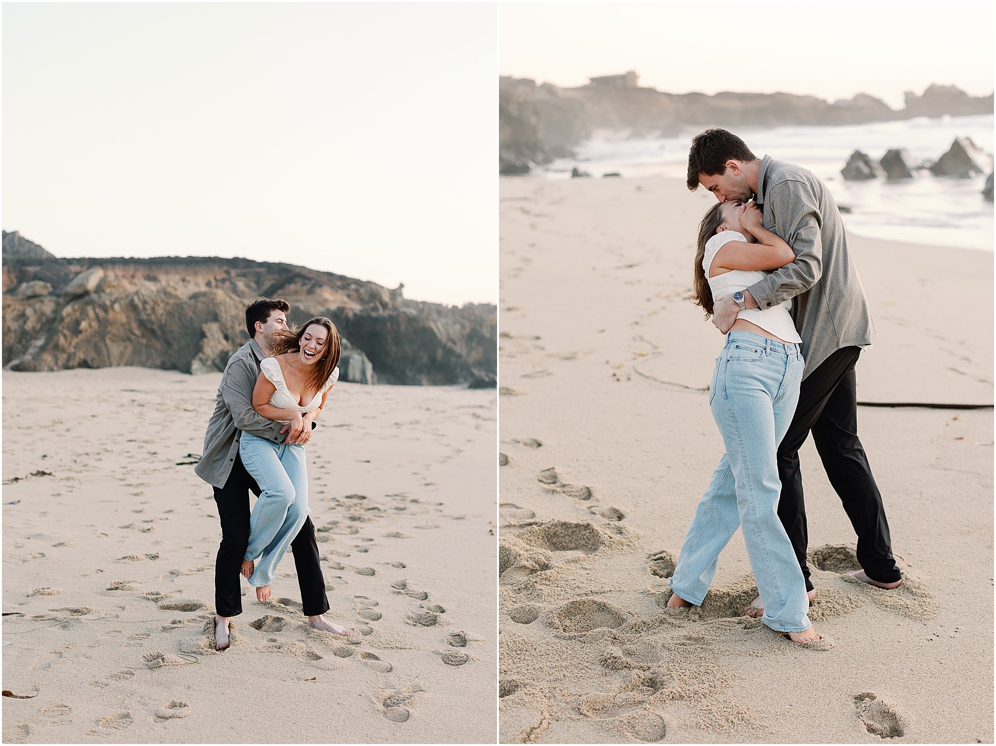 Playful moment as Jenny and Joey play in the sand during their coastal engagement session