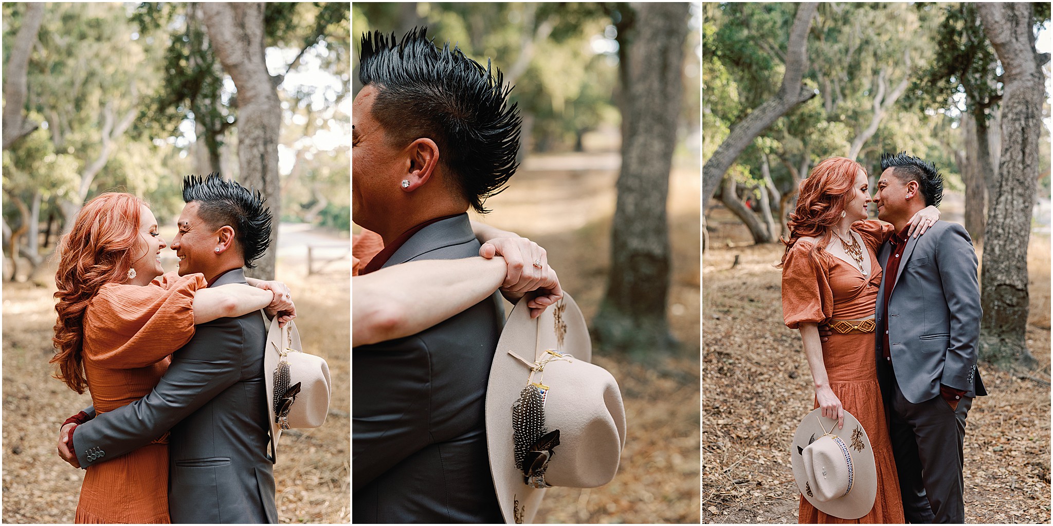 Big Sur engagement photographer capturing couple embracing beneath oak trees.
