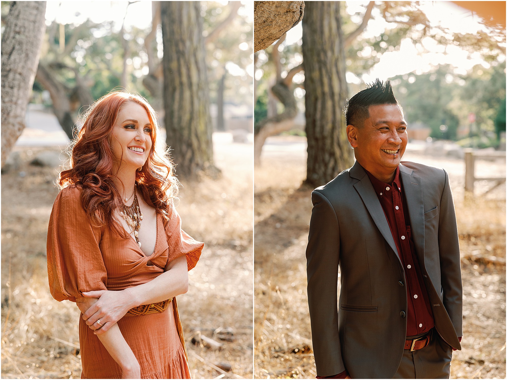 Portrait of bride and groom during Big Sur engagement session in forest.
