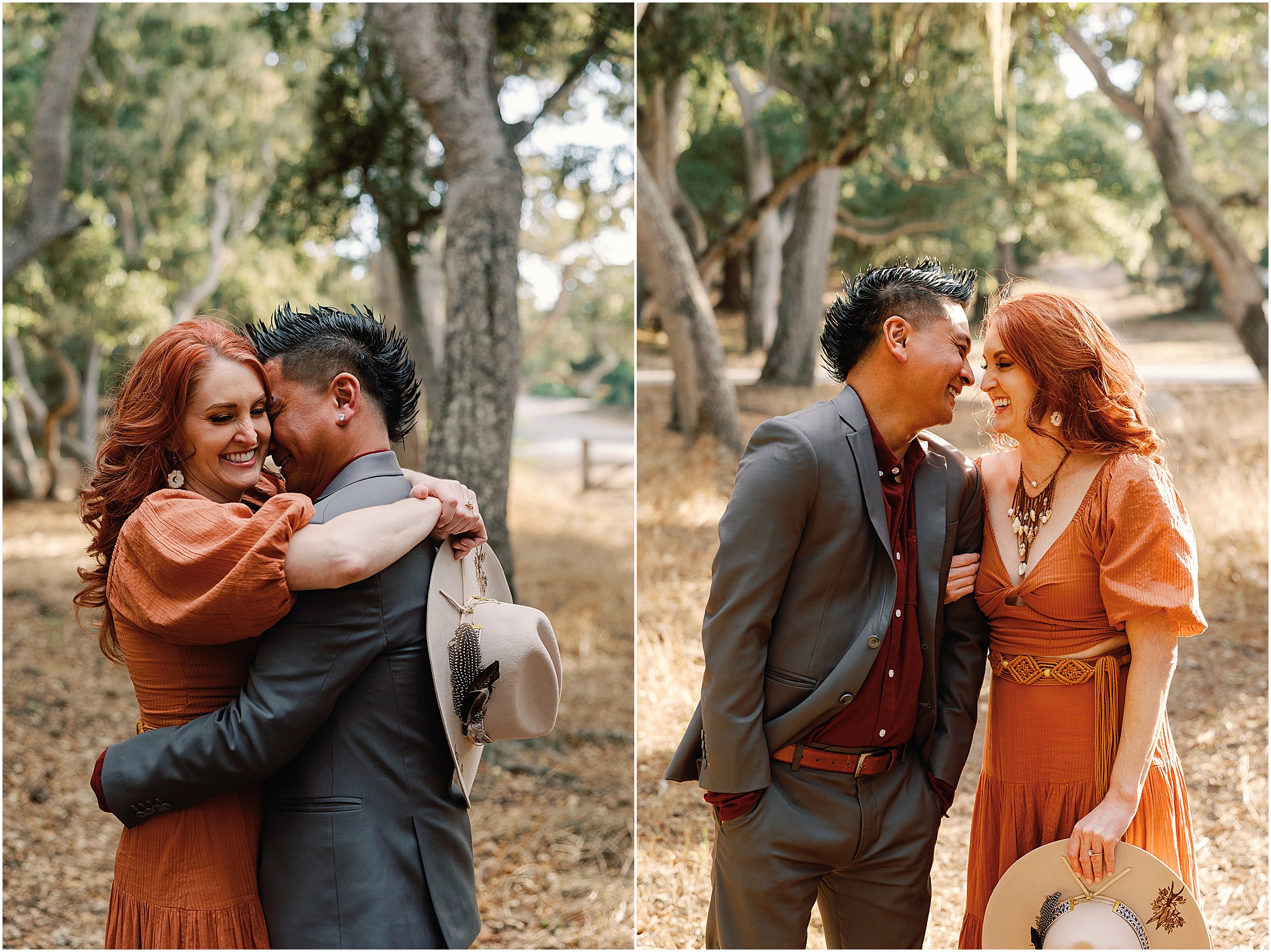 Earthy toned engagement photos in Big Sur forest with intimate couple moment.