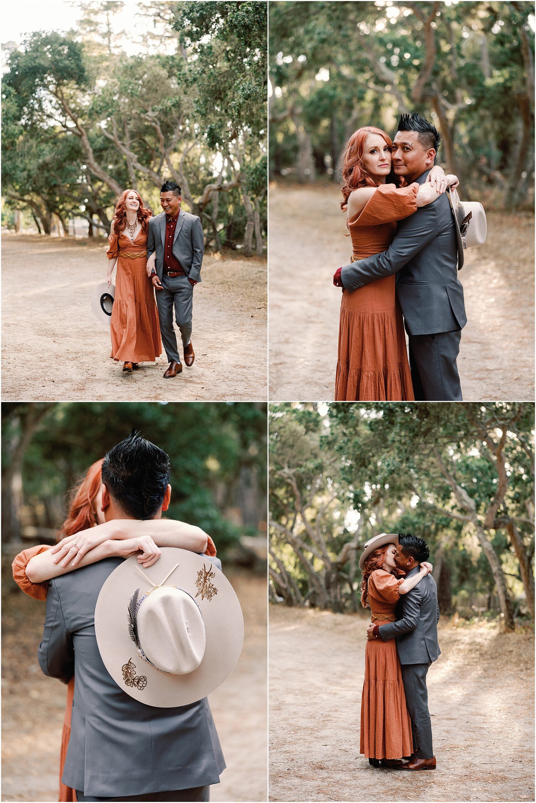 Engagement photos in Big Sur forest with couple embracing in golden light.
