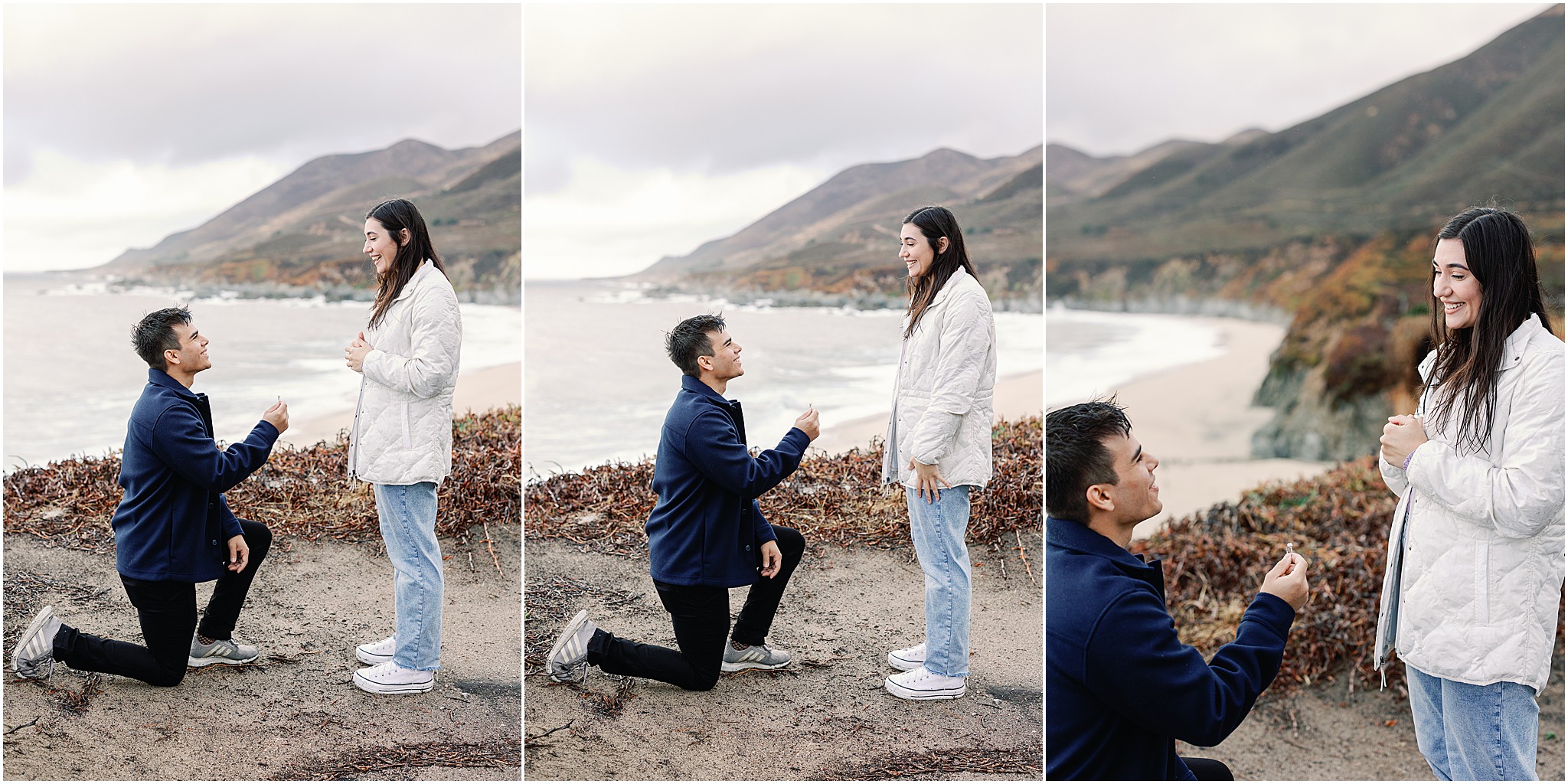 Emotional Big Sur proposal with dramatic ocean backdrop.