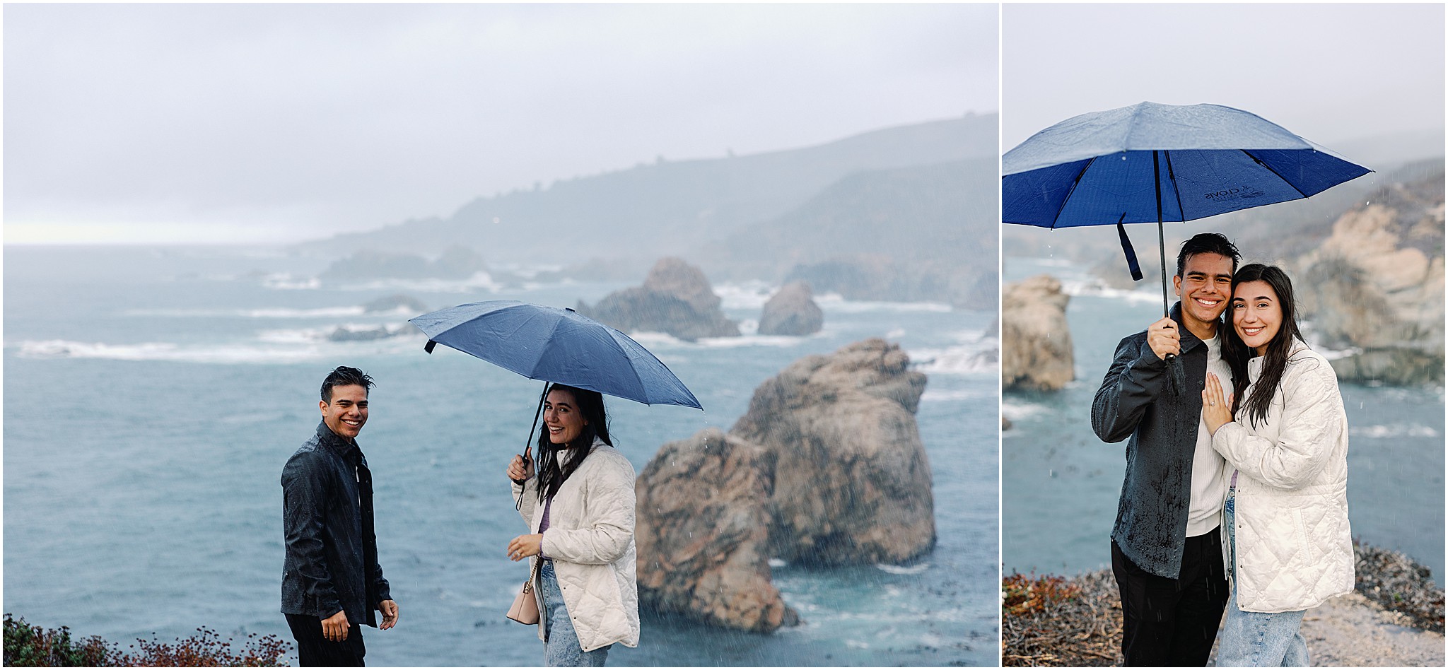 Couple celebrating engagement along Big Sur cliffs.