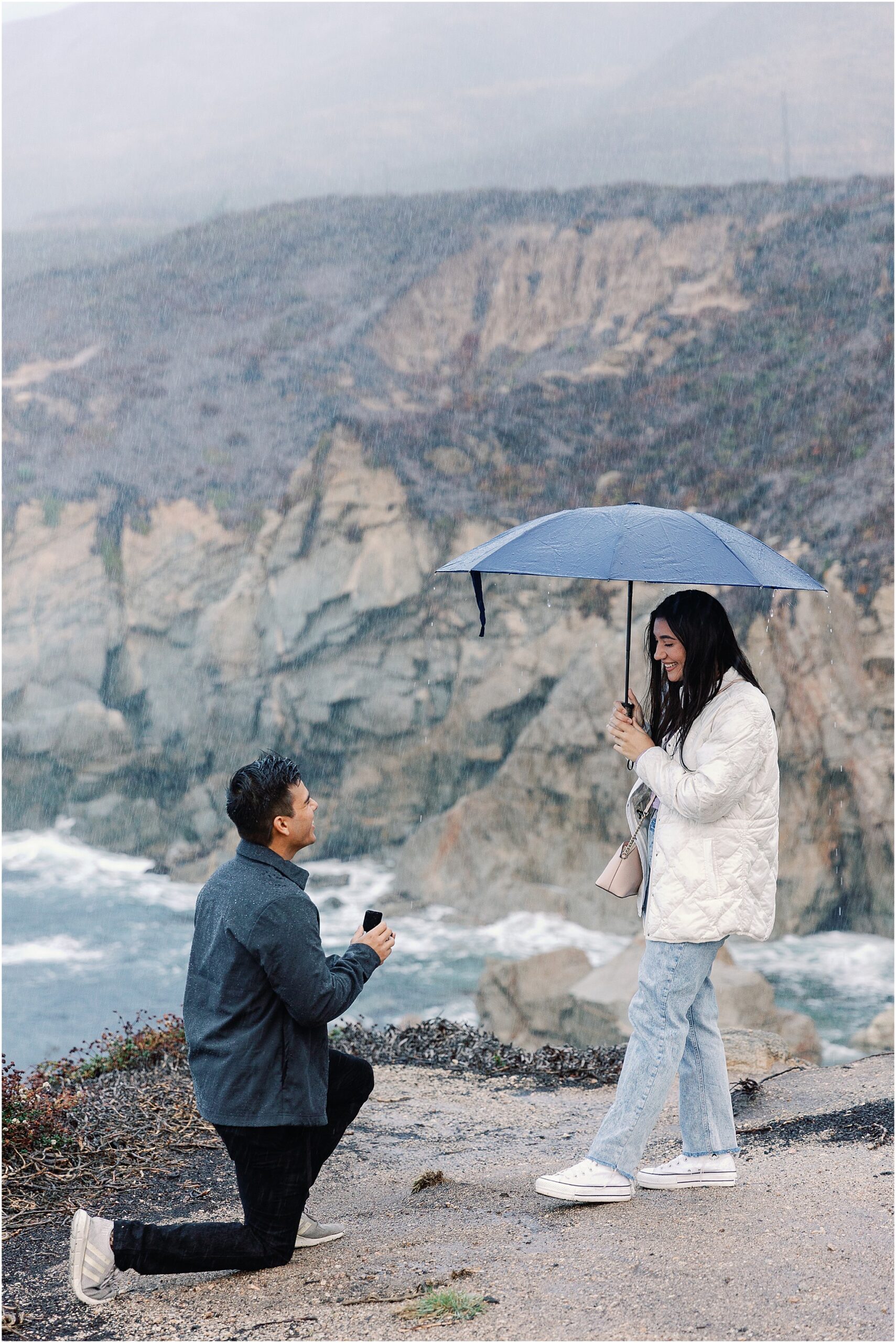Engagement moment captured on a misty Big Sur morning.