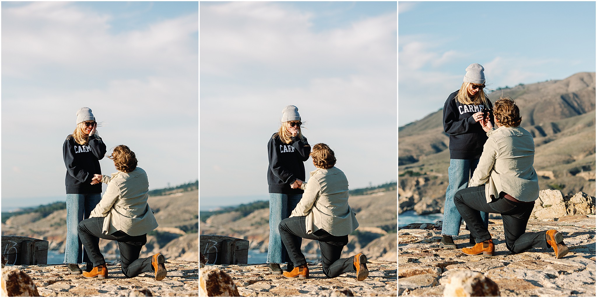 Emotional proposal moment on Big Sur coastline.