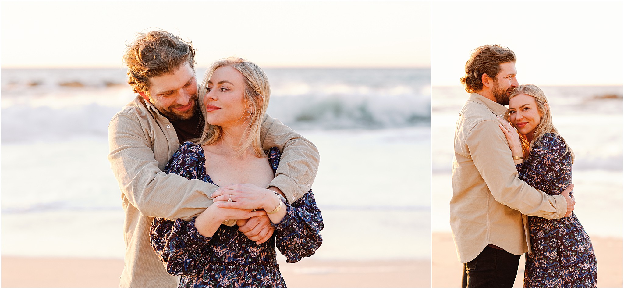 Romantic couple embracing after proposal in Big Sur.