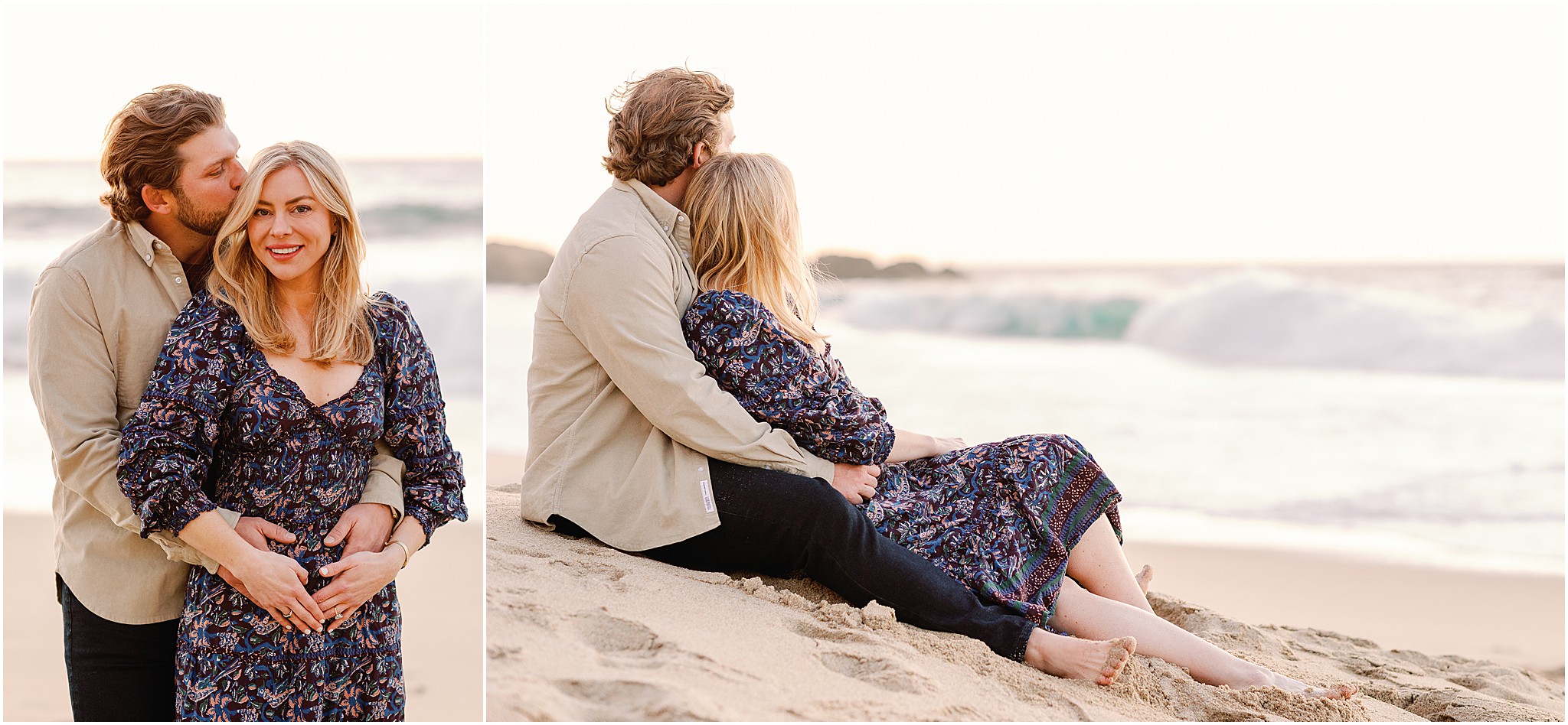 Romantic moment after proposal of couple looking into the distance on California coastline.