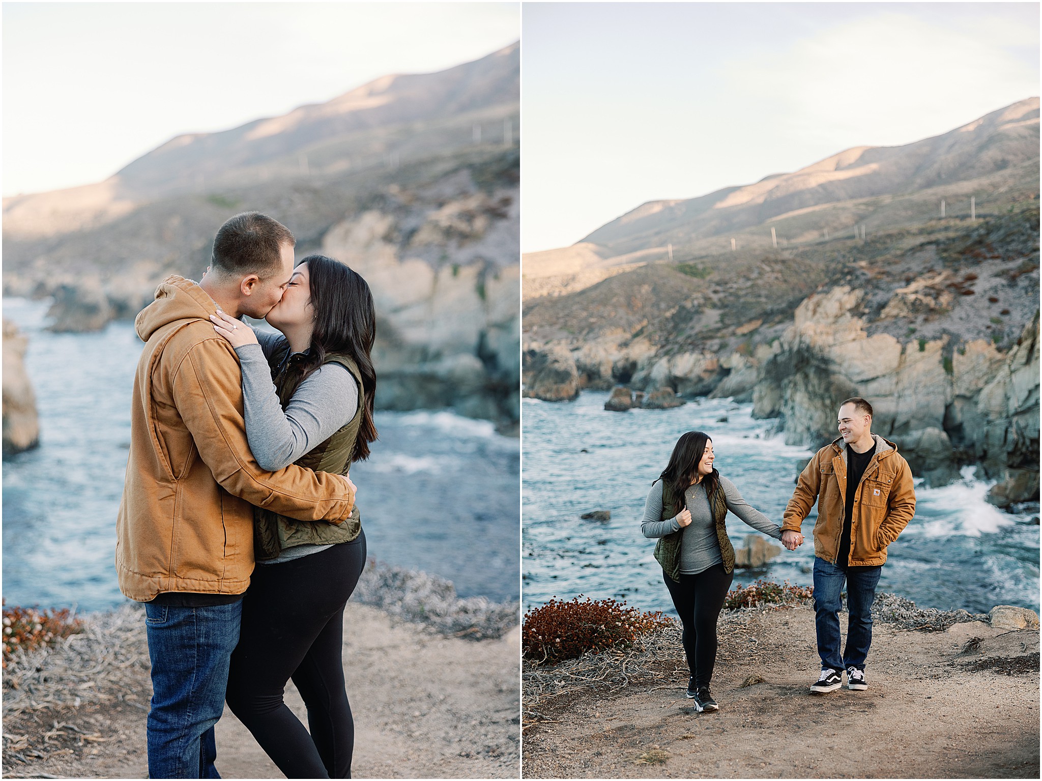 Couple walking and kissing along cliffside trail in Big Sur before proposal.