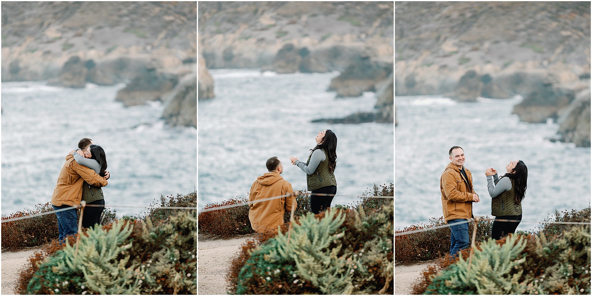 Jason proposing on coastal cliff in Big Sur California.