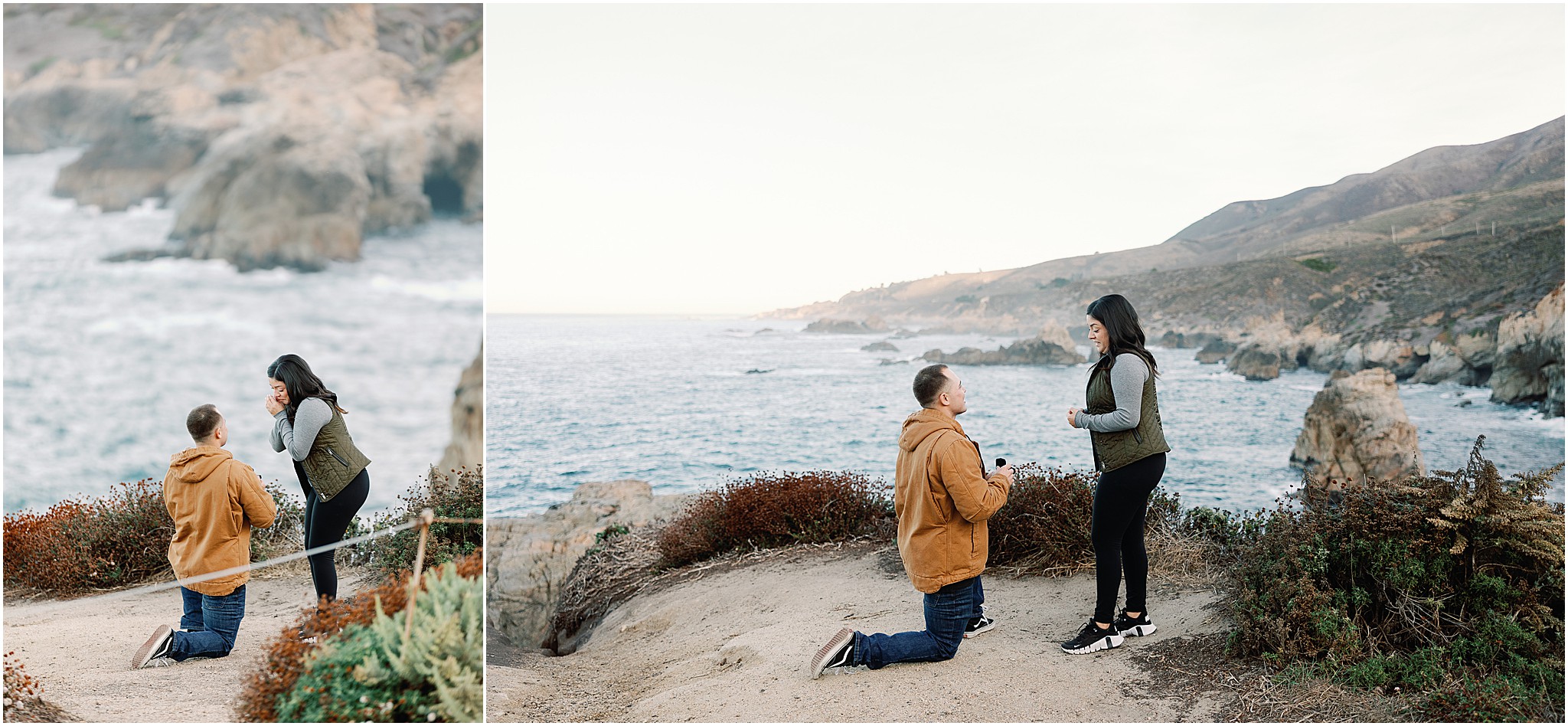 Surprise proposal on Big Sur coastline with ocean view.