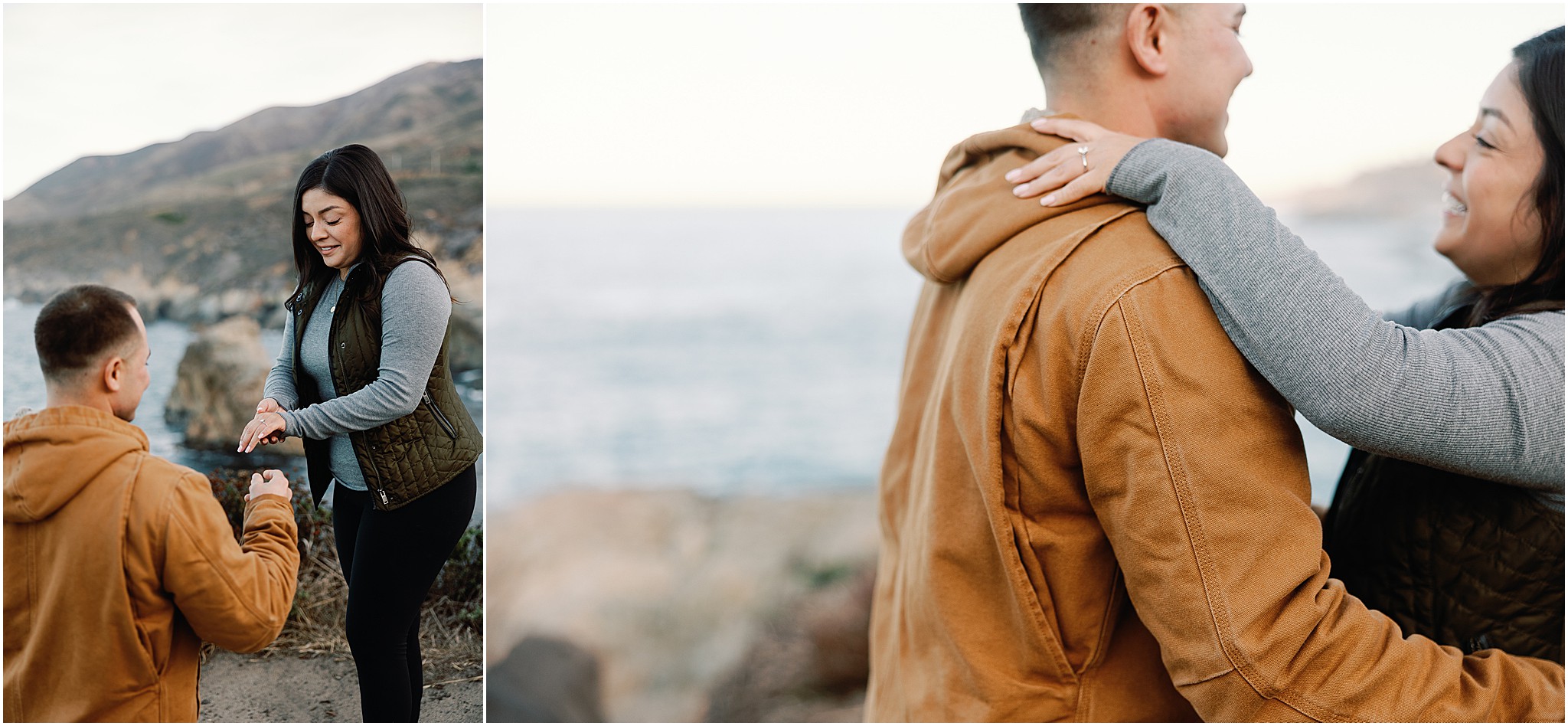 Joyful reaction during cliffside proposal in California.