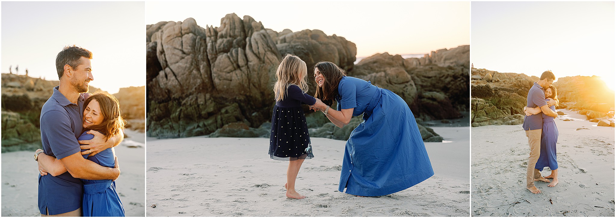 Parents and child playing and hugging along Carmel Beach at sunset
